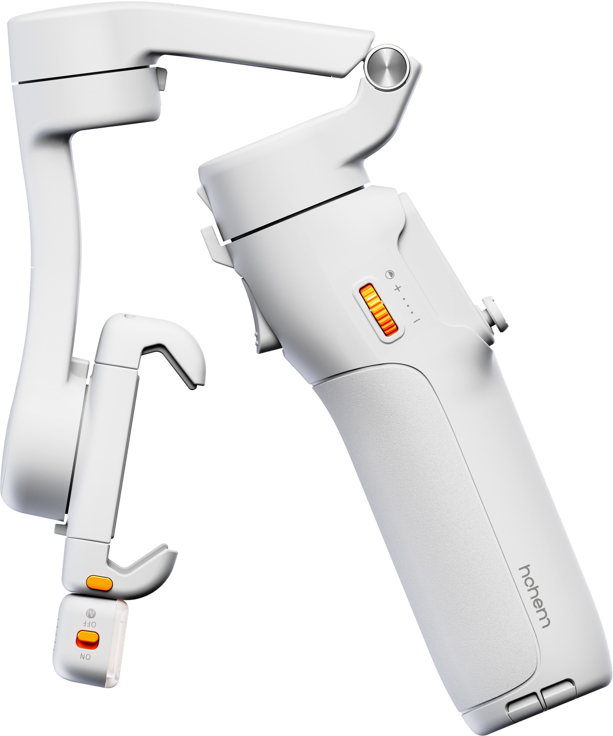 Ein weißer Hand-Gimbal-Stabilisator mit orangefarbenen Akzenten. Er hat Knöpfe und eine Betriebsanzeige. Der Griff hat das Logo 'hohem'.