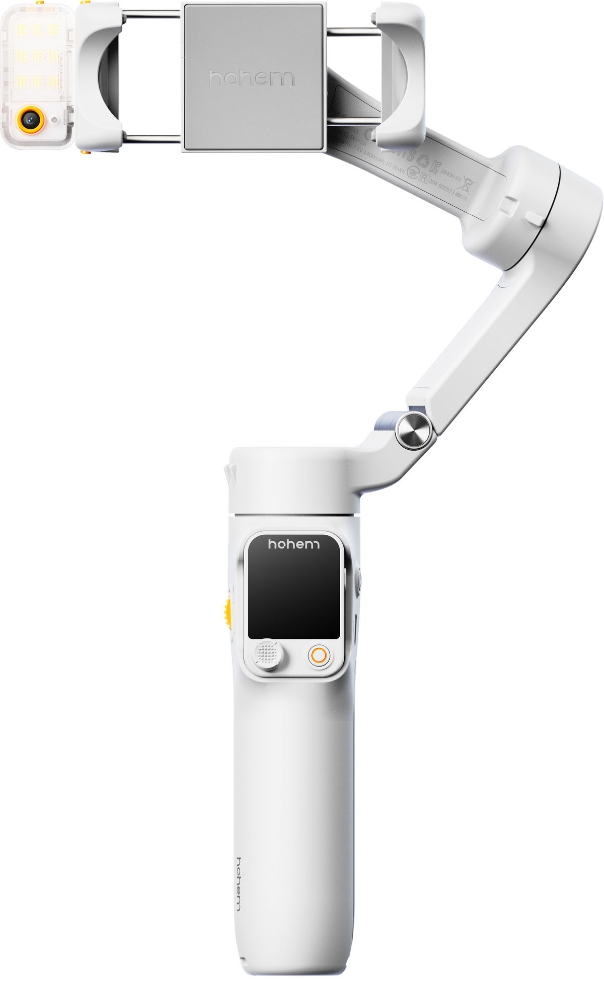Ein weißer Hohem Gimbal-Stabilisator. Er hat eine Telefonklemme, ein Bedienfeld und ein Licht. Das Hohem-Logo ist sichtbar.