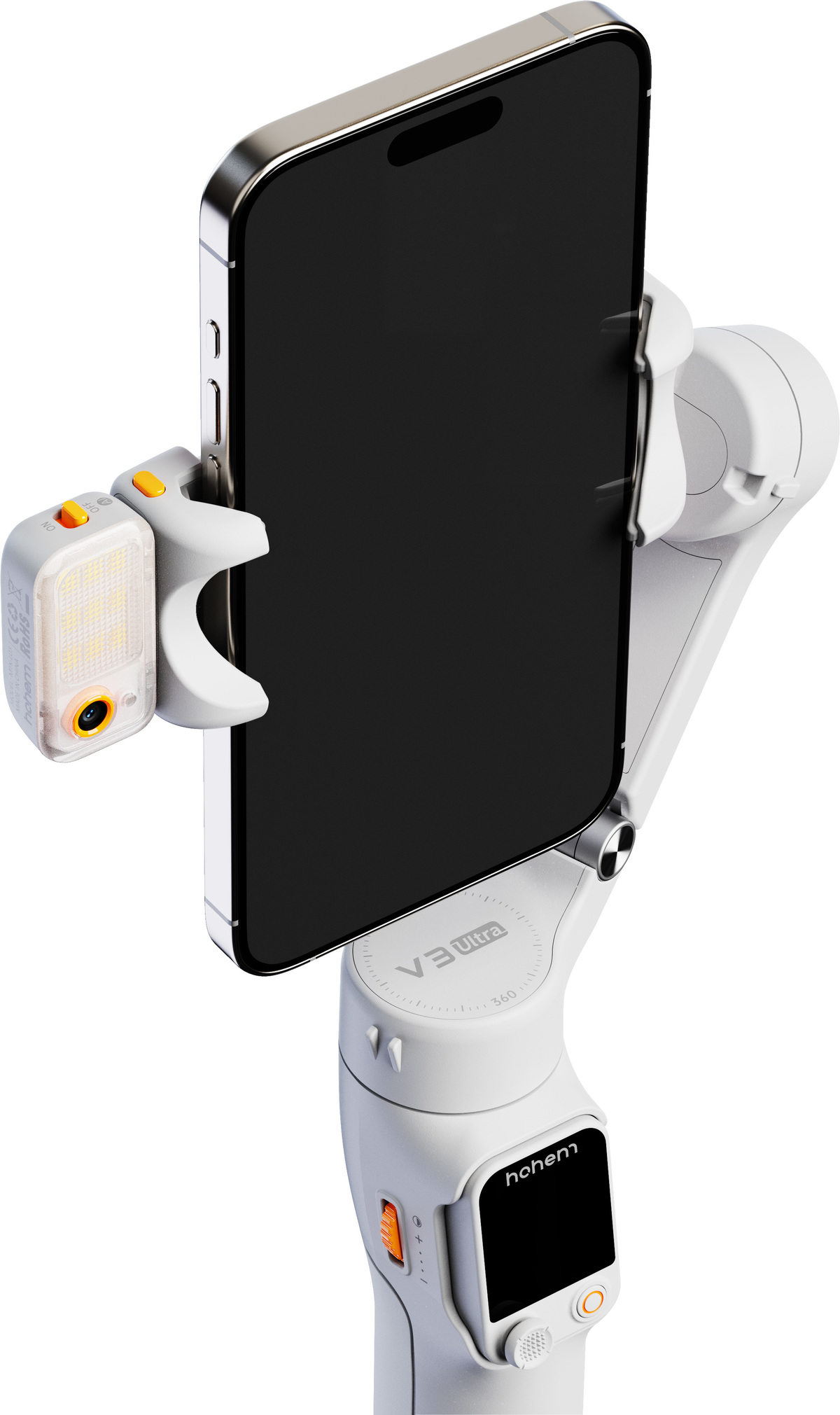 Ein Smartphone, das auf einem weißen Gimbal montiert ist. Das Telefon ist schwarz und silberfarben. An der Seite ist ein kleines Licht angebracht.