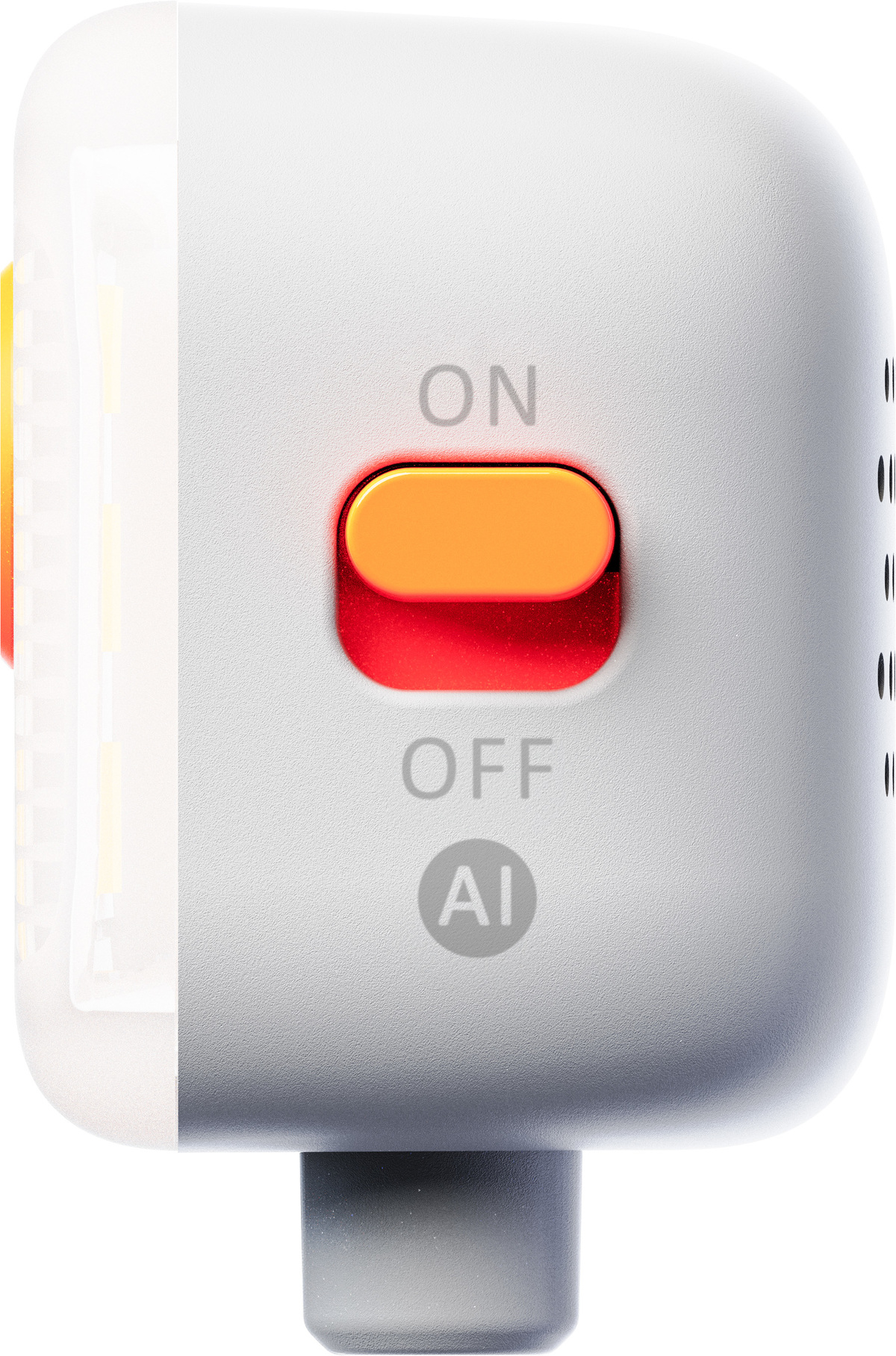 Ein weißes Gerät mit einer orangefarbenen und rot leuchtenden Taste mit der Aufschrift 'ON'. Darunter sind 'OFF' und 'AI' zu sehen. Ein kleiner grauer Sockel ist vorhanden.