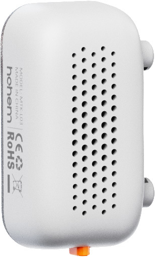 Weißes Hohem-Gerät, Modell MTK-103, mit Lochmuster und orangefarbenem Knopf. CE- und RoHS-Symbole sind sichtbar.