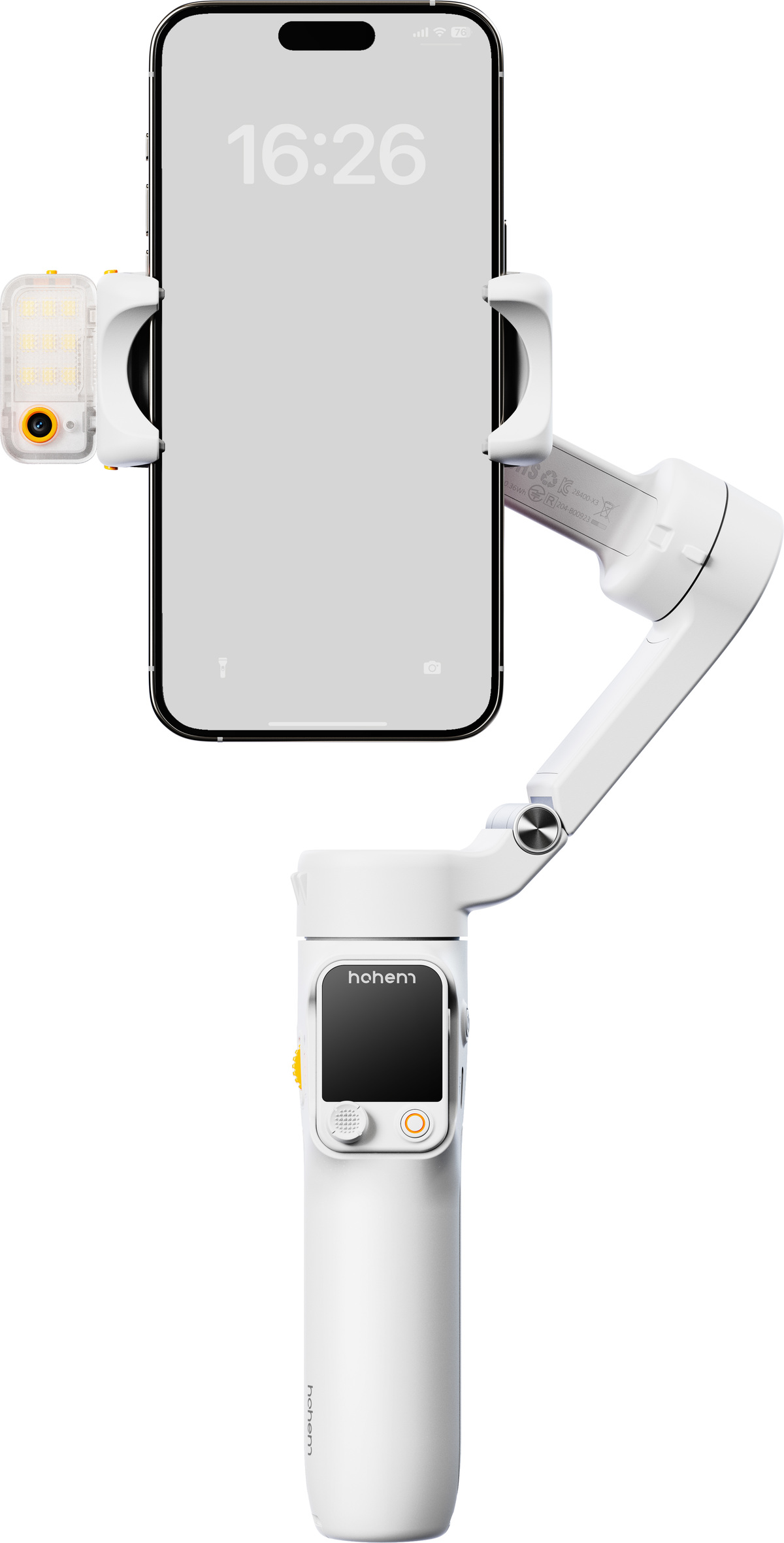 Ein weißer Handy-Gimbal mit Telefon, Licht und Bedienfeld. Das Telefon zeigt die Uhrzeit an. Der Gimbal hat ein Hohem-Logo.