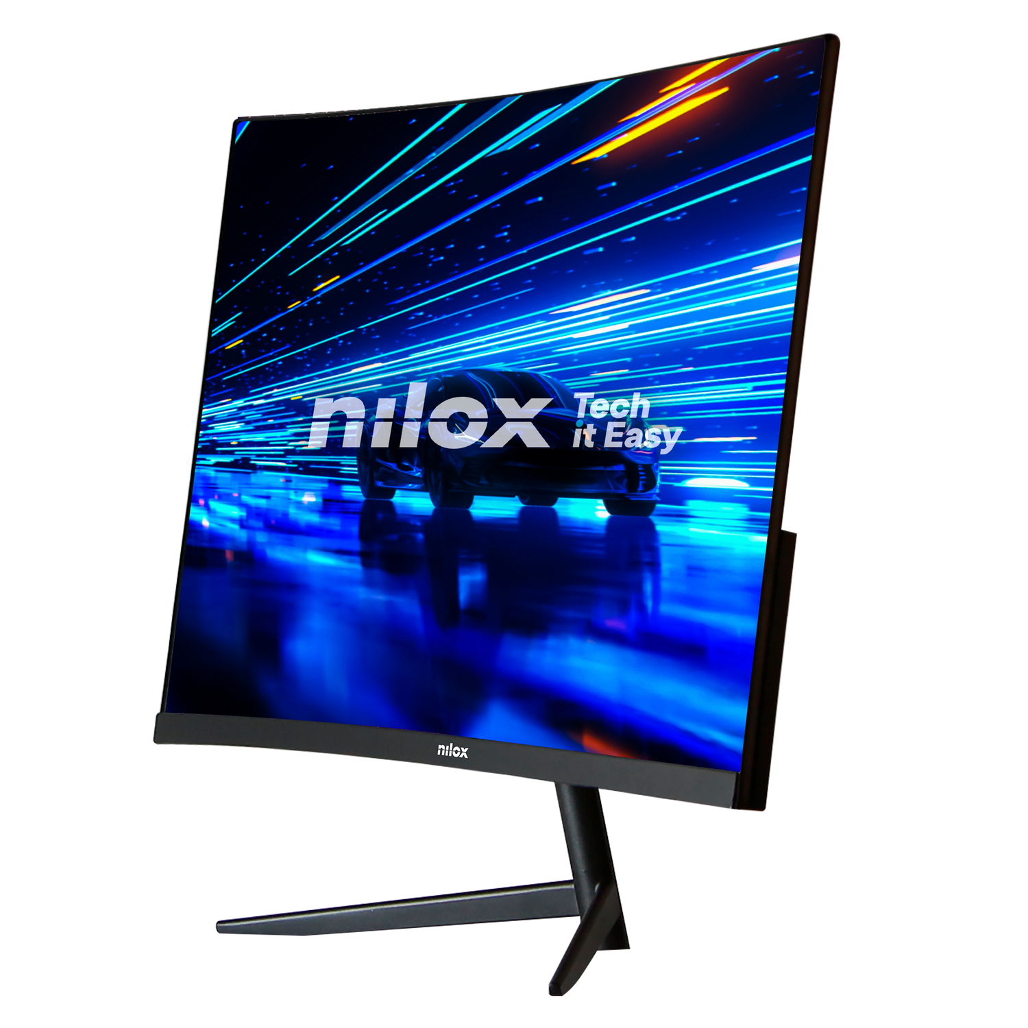Monitor curvo con marco y soporte negros. La pantalla muestra una imagen azul de un coche y el texto: 'nilox Tech it Easy'.