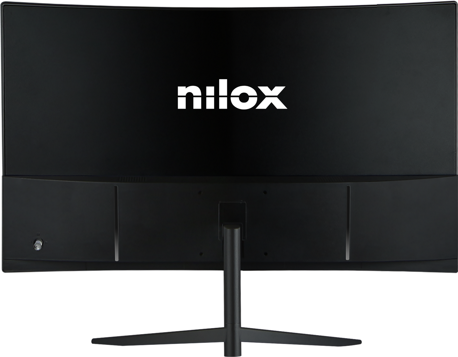 La parte trasera de un monitor negro curvo con la palabra blanca 'nilox'. Tiene un soporte y puertos.