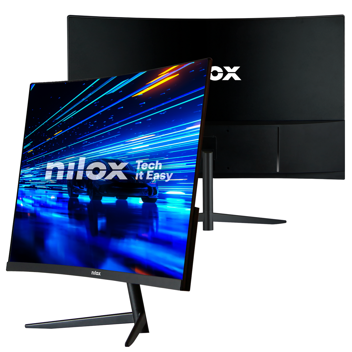 Se muestran dos monitores Nilox curvos negros. Uno muestra un coche con rayas azules y amarillas. El otro tiene el logotipo de Nilox.