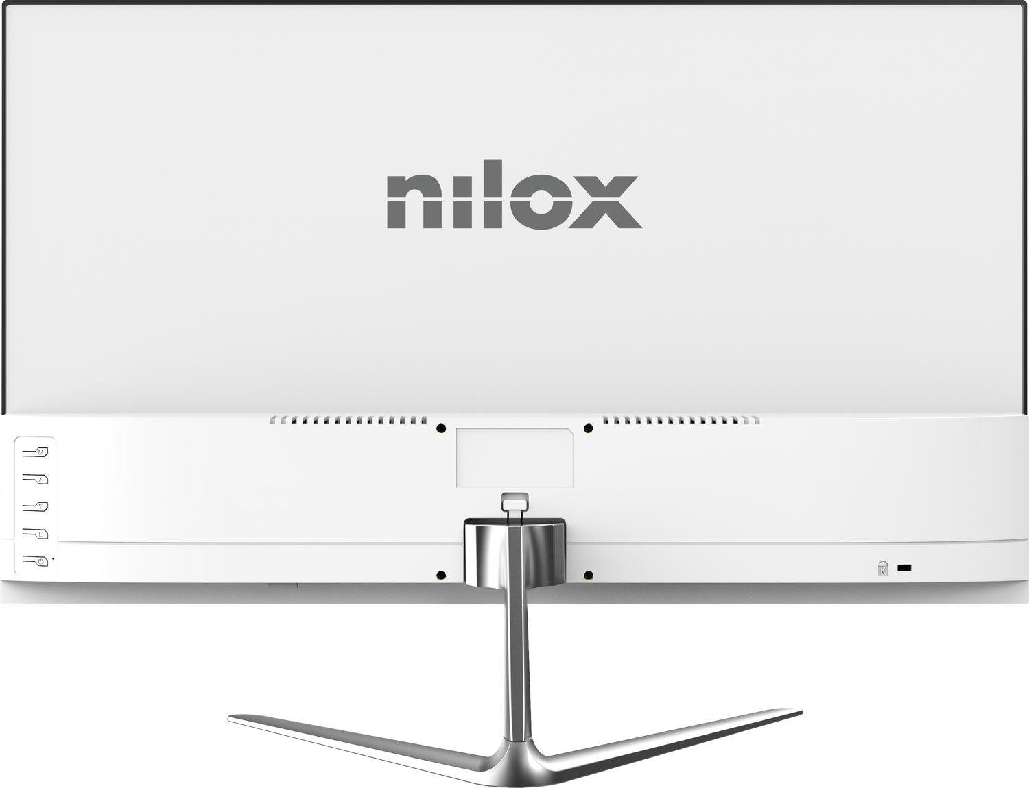 La parte posterior de un monitor Nilox blanco, con el nombre de la marca en gris. Un soporte plateado sostiene el monitor.