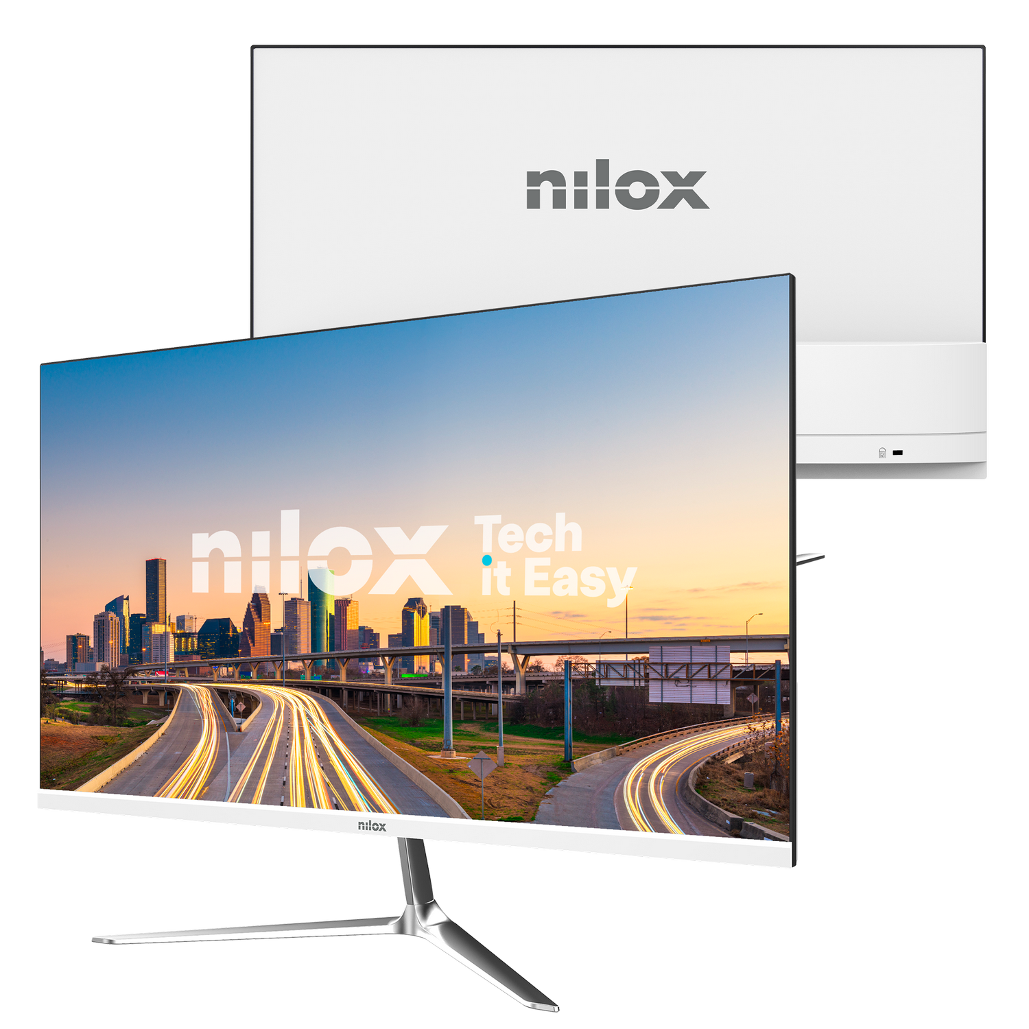 El monitor Nilox muestra un horizonte urbano al atardecer. Está sobre una superficie gris con otro monitor Nilox al fondo.