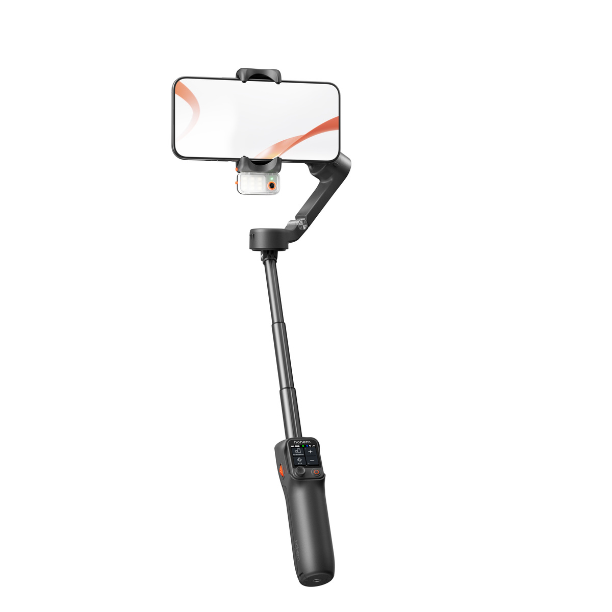 Schwarzes Smartphone-Gimbal mit Telefon, Ausleger und Bedientasten. Der Telefonbildschirm zeigt eine rote Welle.