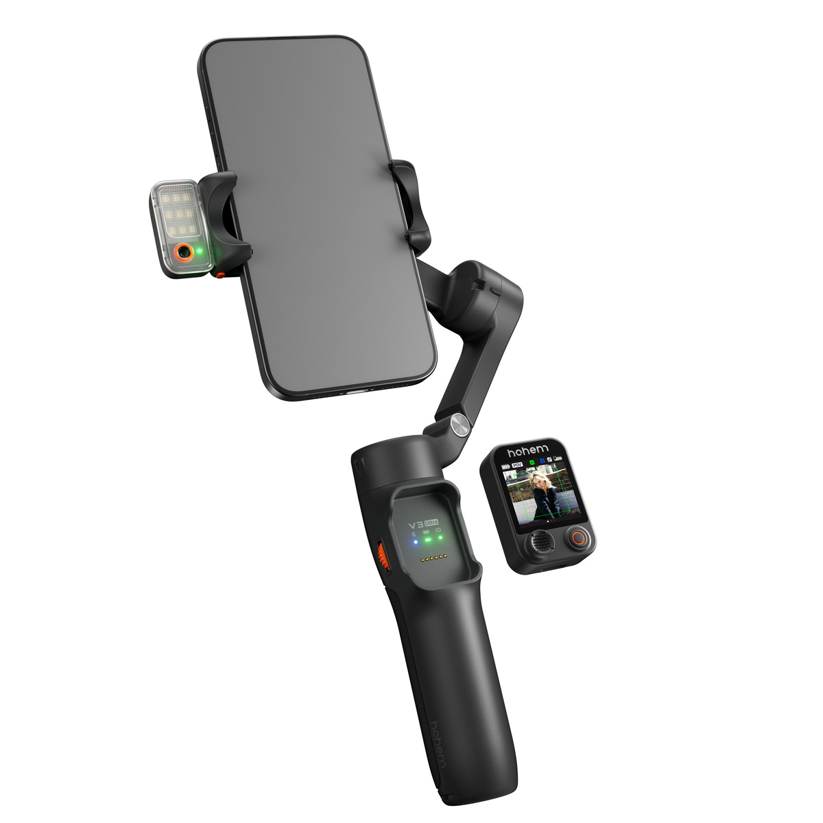 Ein schwarzes Smartphone an einem Gimbal mit kleinem Bildschirm und Licht befestigt. Das Gimbal hat einen Griff mit Knopf und Batteriestandsanzeige.
