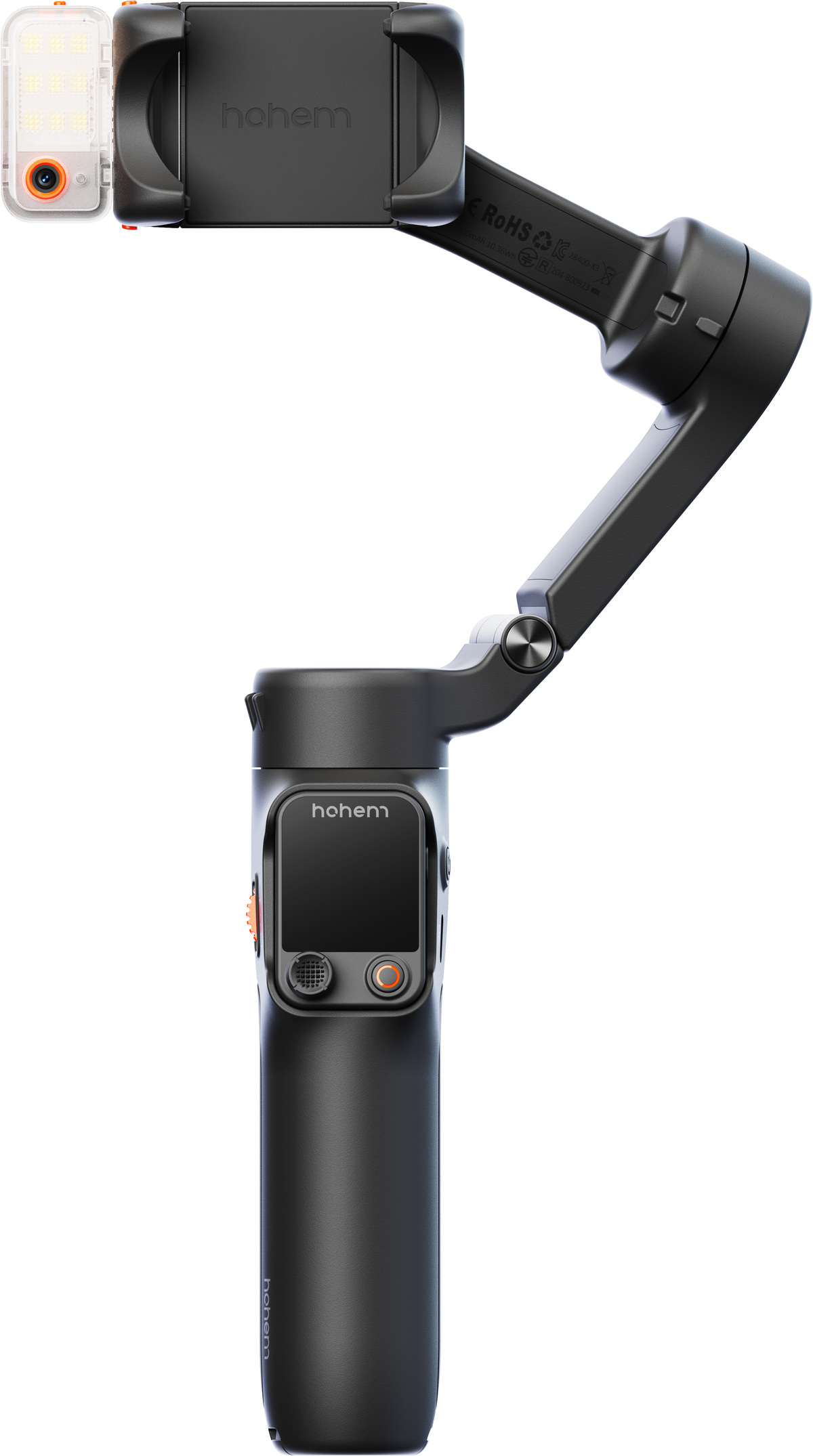 Schwarzer Hohem Gimbal-Stabilisator mit Telefonhalter und kleinem Licht. Er hat ein schwarzes Gehäuse und orangefarbene Akzente.