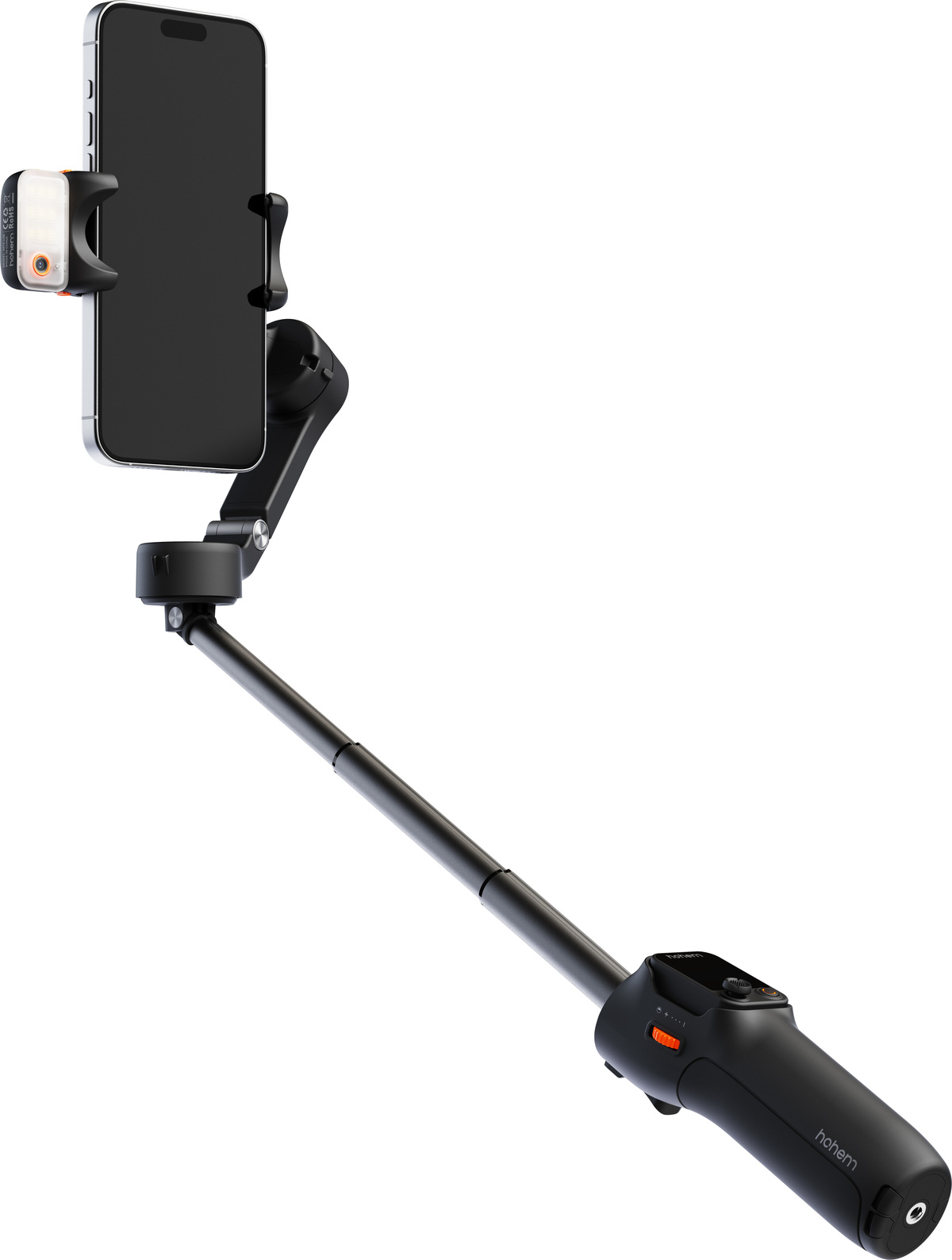 Ein schwarzer Selfie-Stick mit befestigtem Telefon. Ein kleines Licht ist ebenfalls angebracht. Der Hintergrund ist weiß.
