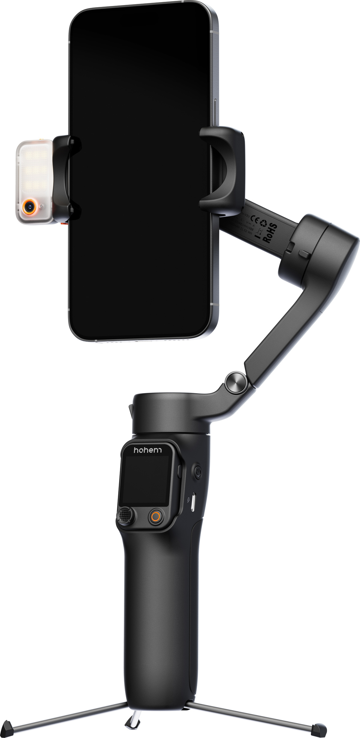 Schwarzes Smartphone an einem Gimbal mit Licht befestigt. Das Gimbal hat einen kleinen Bildschirm und Stativbeine.