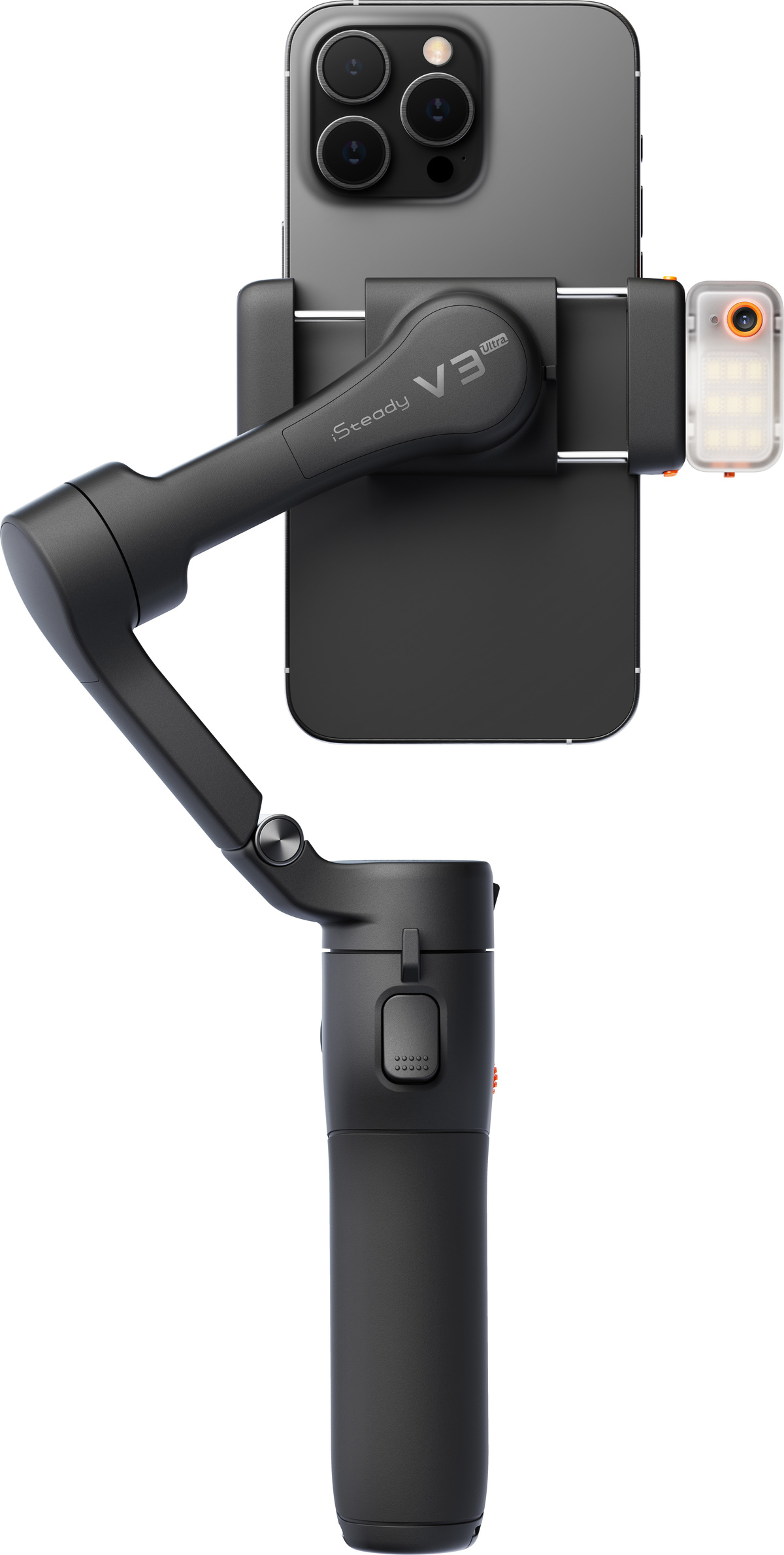 Ein schwarzes Smartphone, das an einem Gimbal-Stabilisator befestigt ist. Ein kleines Licht ist an der Seite befestigt. Der Hintergrund ist weiß.