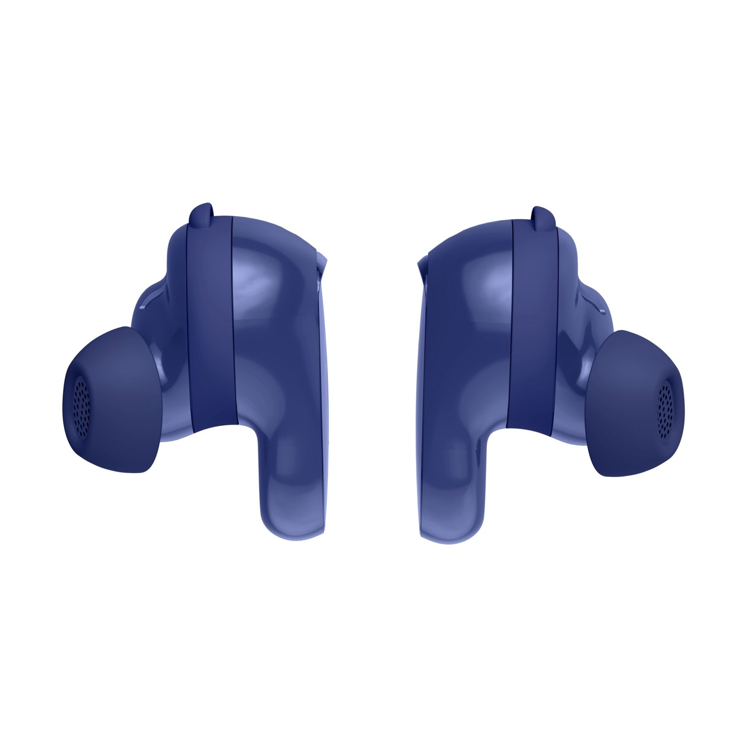 Due auricolari wireless blu su sfondo bianco. Ognuno ha un corpo arrotondato e una punta in silicone per l'orecchio.