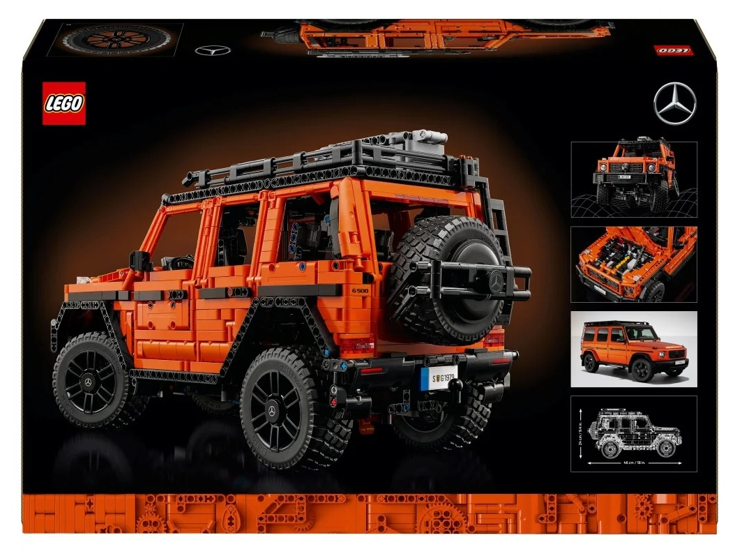 Pomarańczowy model LEGO SUV Mercedes-Benz Klasy G. Na czarnym tle, z dodatkowymi zdjęciami modelu.