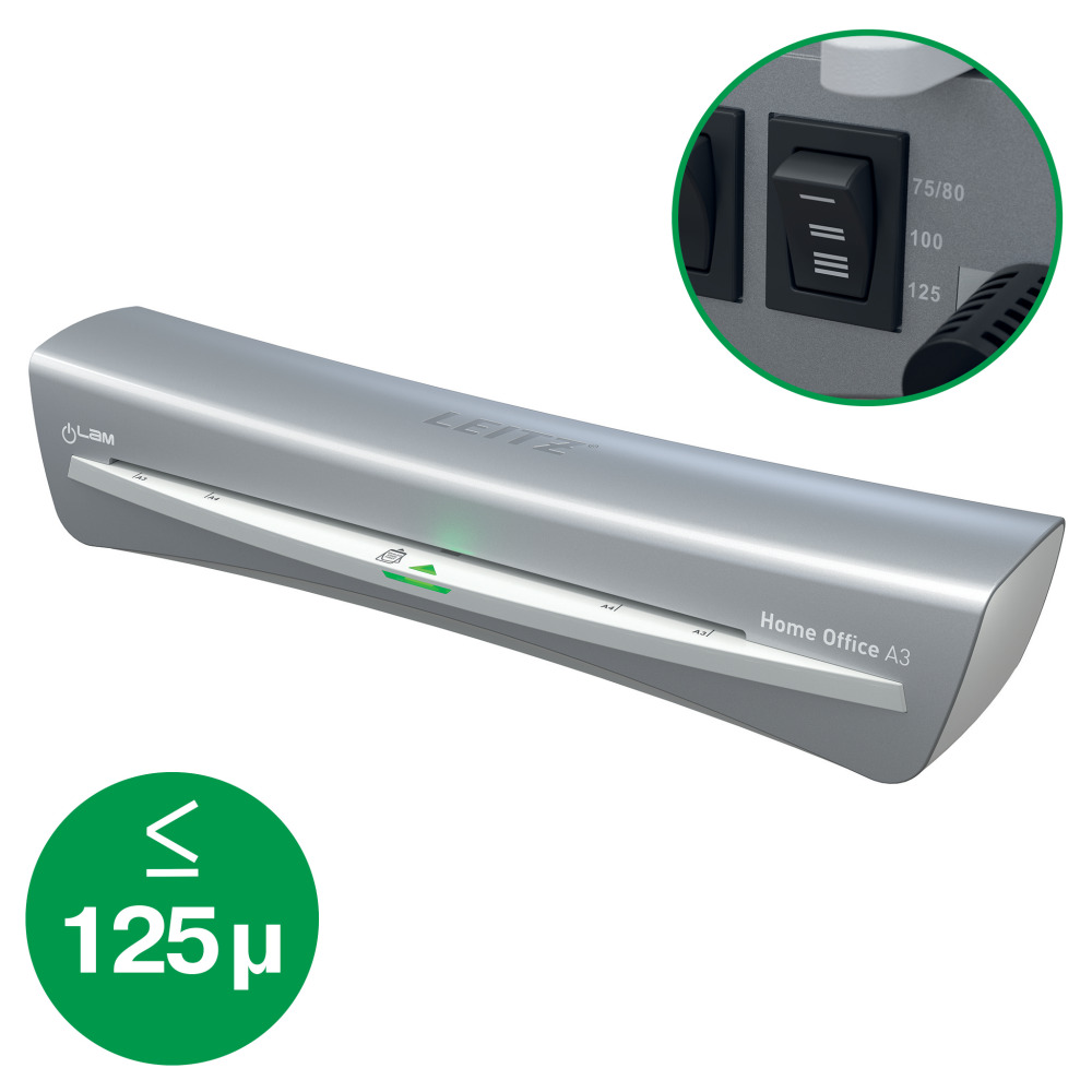 Ezüst Leitz Home Office A3 lamináló, zöld körrel, 125µ jelzéssel. Közelkép a kapcsoló beállításairól.