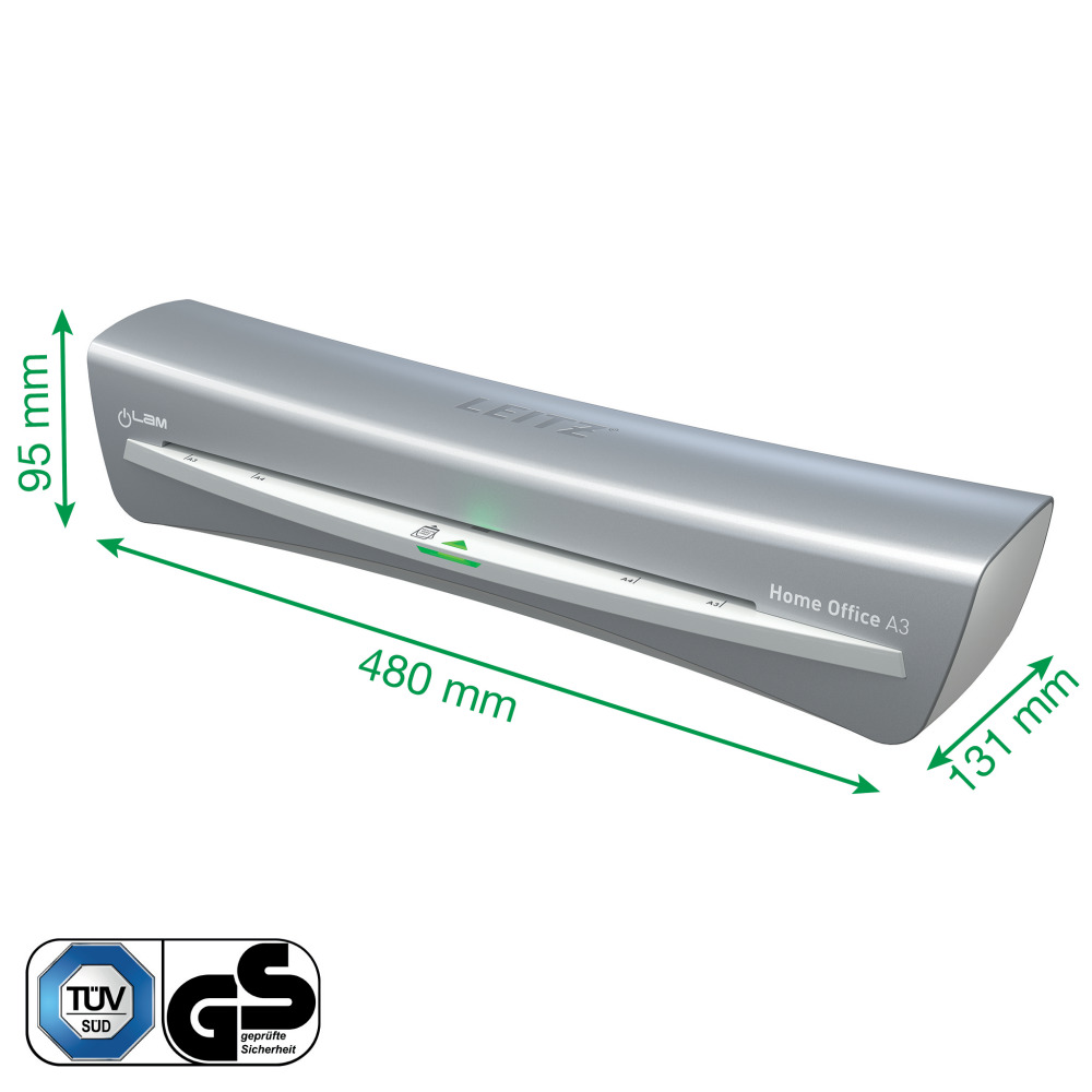 Egy ezüst Leitz Home Office A3 laminálógép, méretcímkékkel. A képen mérőnyilak és tanúsítási logók láthatók.