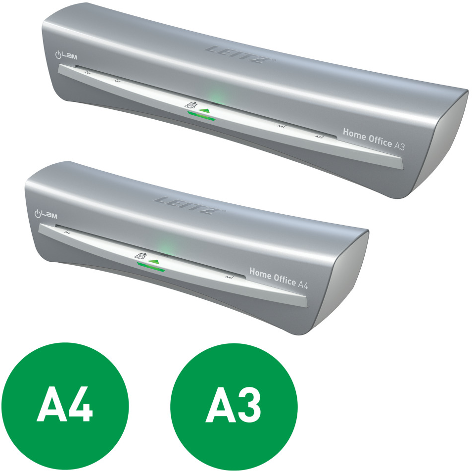 Két ezüst Leitz laminálógép, A3 és A4 méretben. Zöld körök fehér 'A3' és 'A4' szöveggel alul.