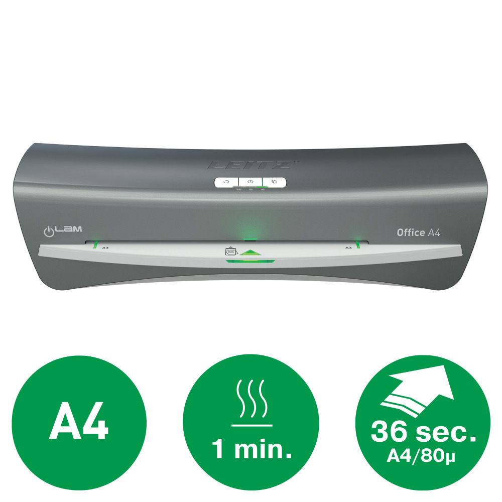 Egy szürke Leitz Office A4 laminálógép zöld körökkel, amelyek az A4-es méretet, 1 percet és 36 másodpercet jelentenek az A4/80µ-hoz.