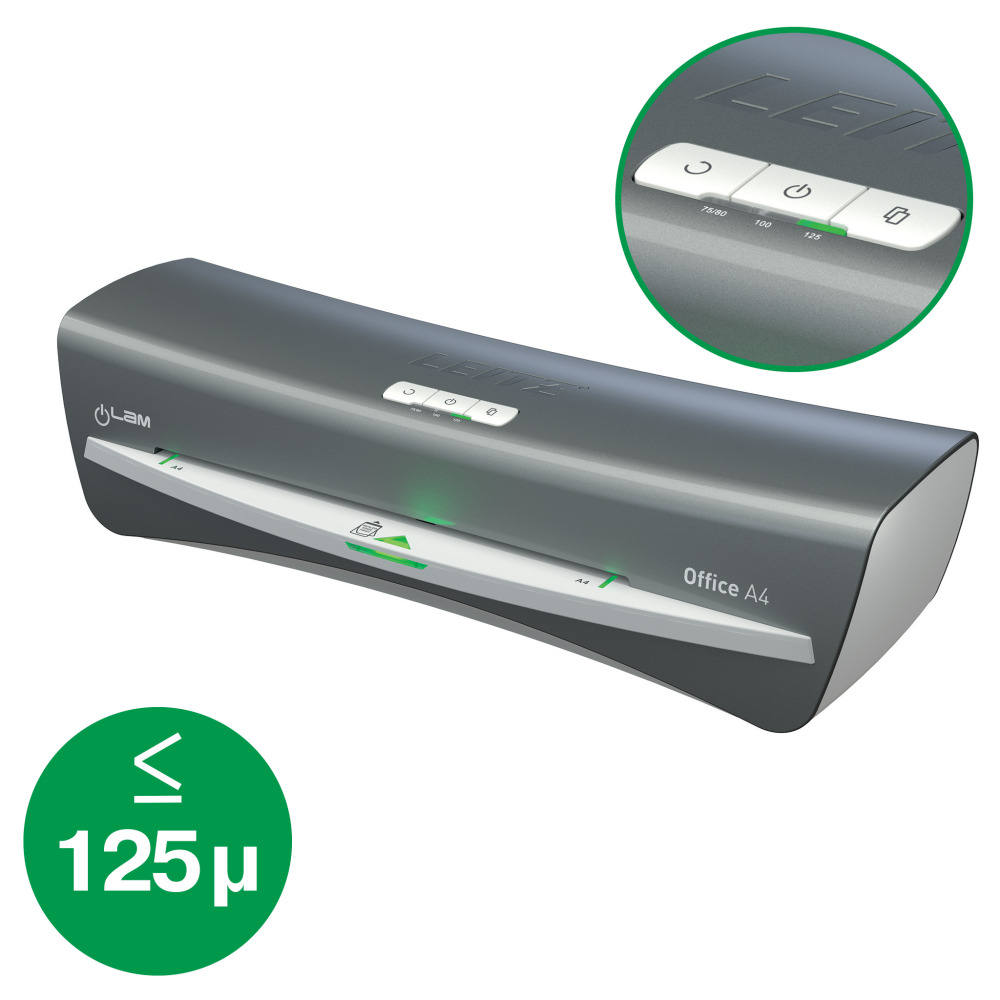 Egy szürke Leitz Office A4 laminálógép, zöld jelzőfényekkel. Egy zöld kör mutatja a '≤ 125µ' jelet.