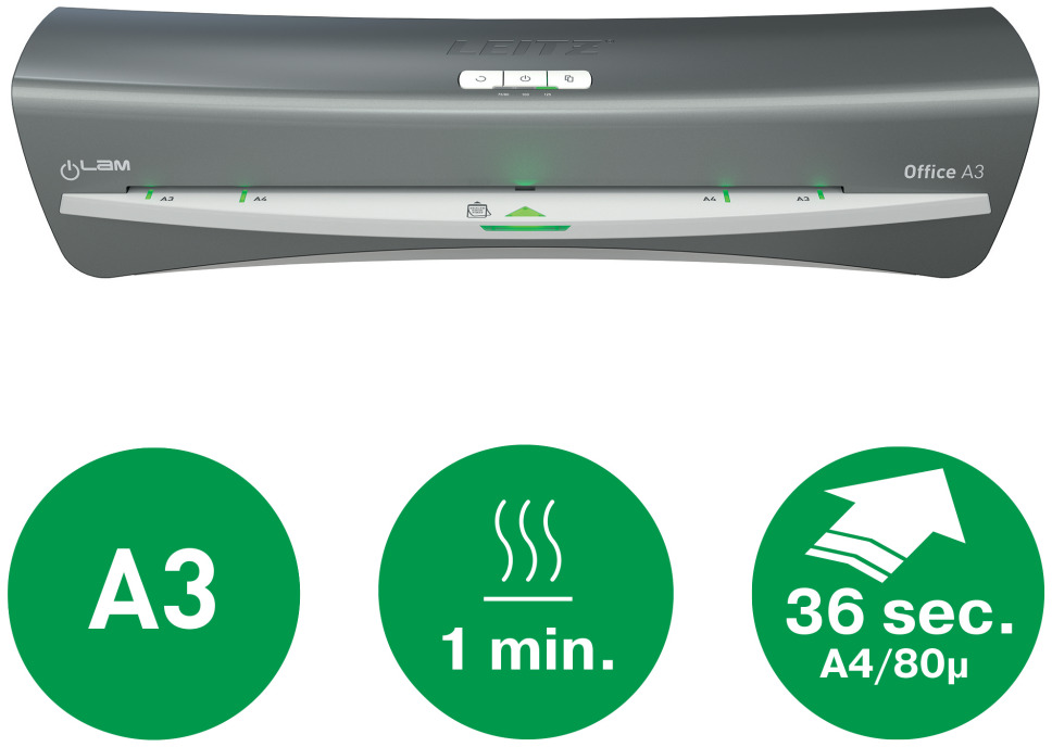 Egy szürke Leitz Office A3 laminálógép. A zöld körök A3 méretet, 1 perc időt és 36 mp A4/80µ-t mutatnak. Felül bekapcsológombok vannak.