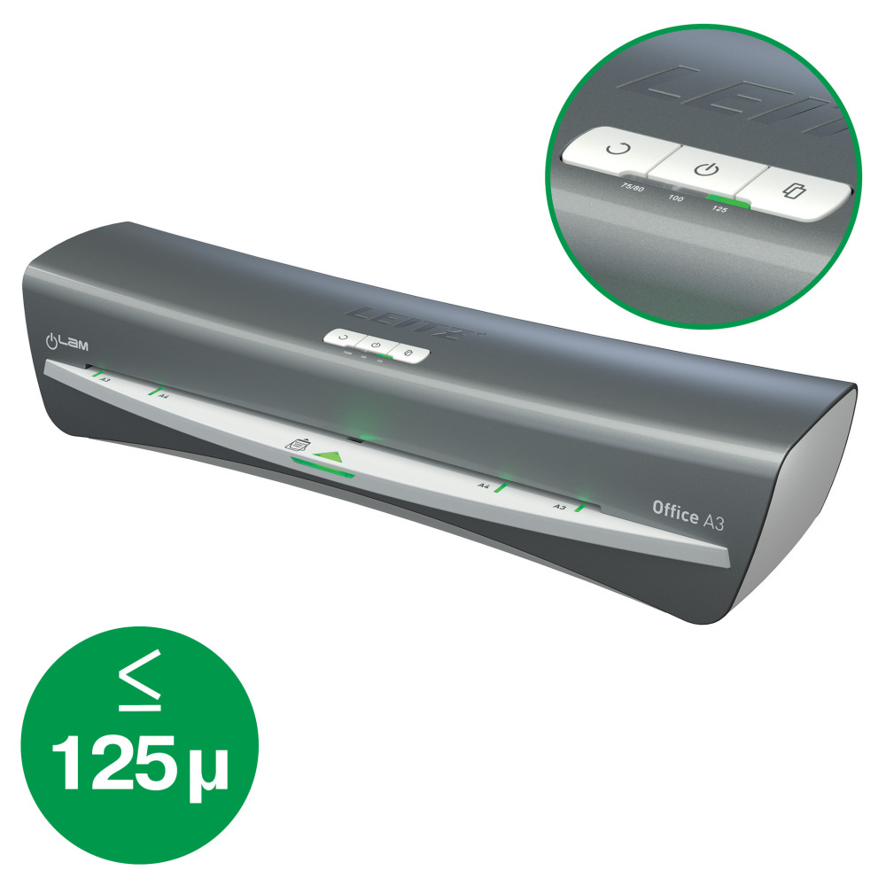 Egy szürke Leitz Office A3 laminálógép zöld jelzőfényekkel és egy zöld körrel, rajta a '≤ 125µ'.