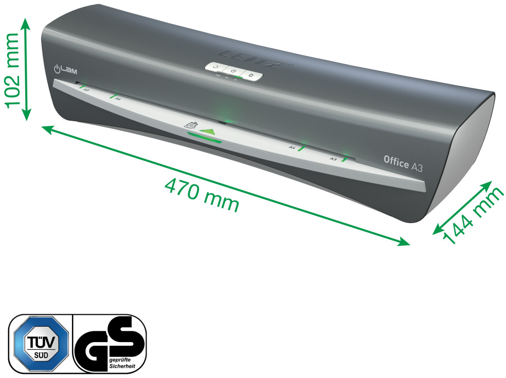 Egy szürke Leitz Office A3 laminálógép. A méretek fel vannak tüntetve: 470 mm hosszú, 102 mm magas és 144 mm széles. Logók láthatók.