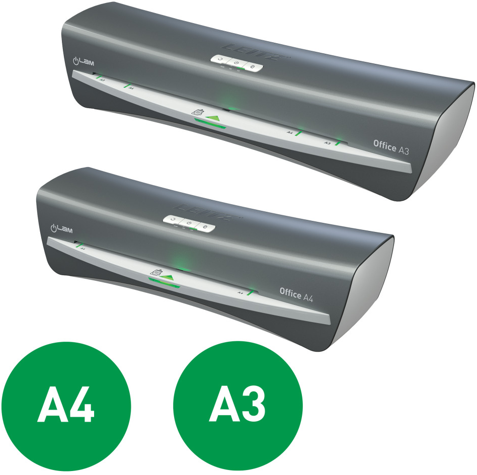 Két szürke Leitz Office A3/A4 laminálógép. Alul zöld körök fehér A4 és A3 szöveggel. Fekete háttér.