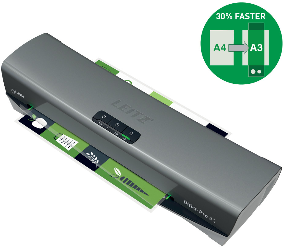 Egy szürke Leitz Office Pro A3 laminálógép, zöld kördiagrammal, amely az A4-es méretről az A3-as méretre vált. Lapokat laminál.