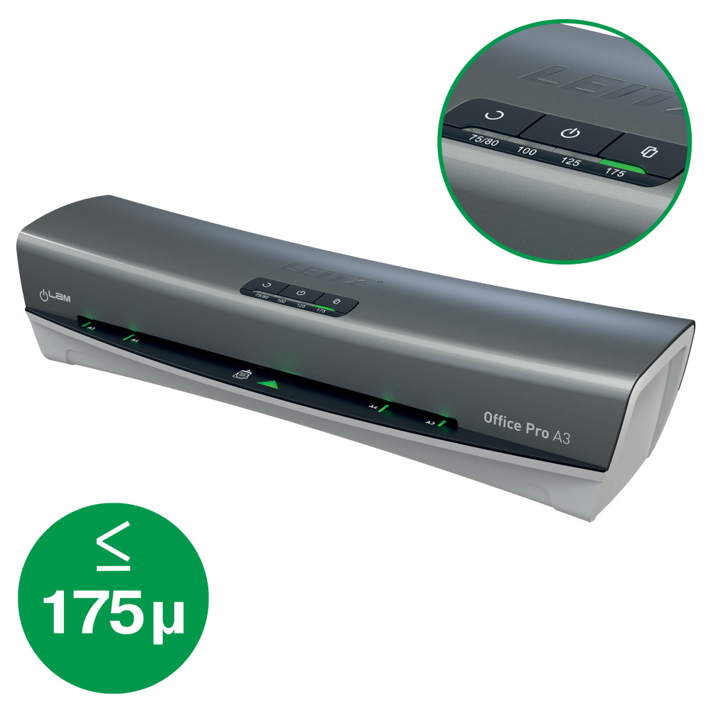Egy szürke Leitz Office Pro A3 laminálógép zöld megvilágítású gombokkal és egy zöld körrel, amely 175µ-t jelez.