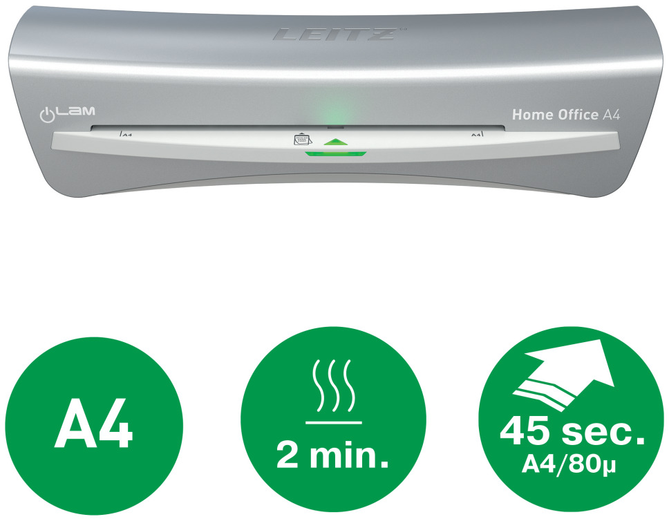 Ezüst Leitz laminálógép. Alatta három zöld kör: A4, 2 perc és 45 mp. A4/80μ.