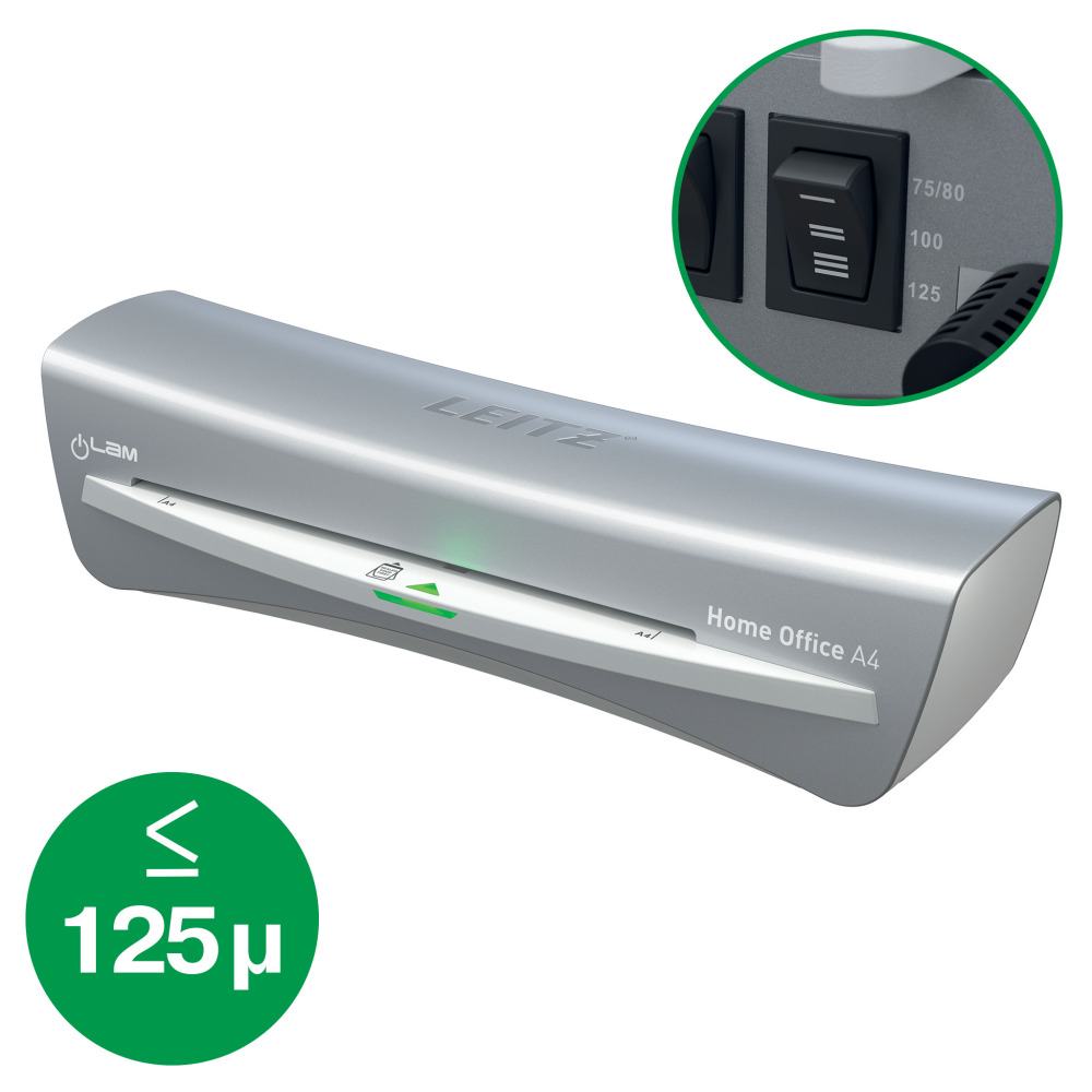Ezüst Leitz Home Office A4 laminálógép, bekapcsológombbal, beállításokkal és egy zöld 125µ-t jelző körrel.