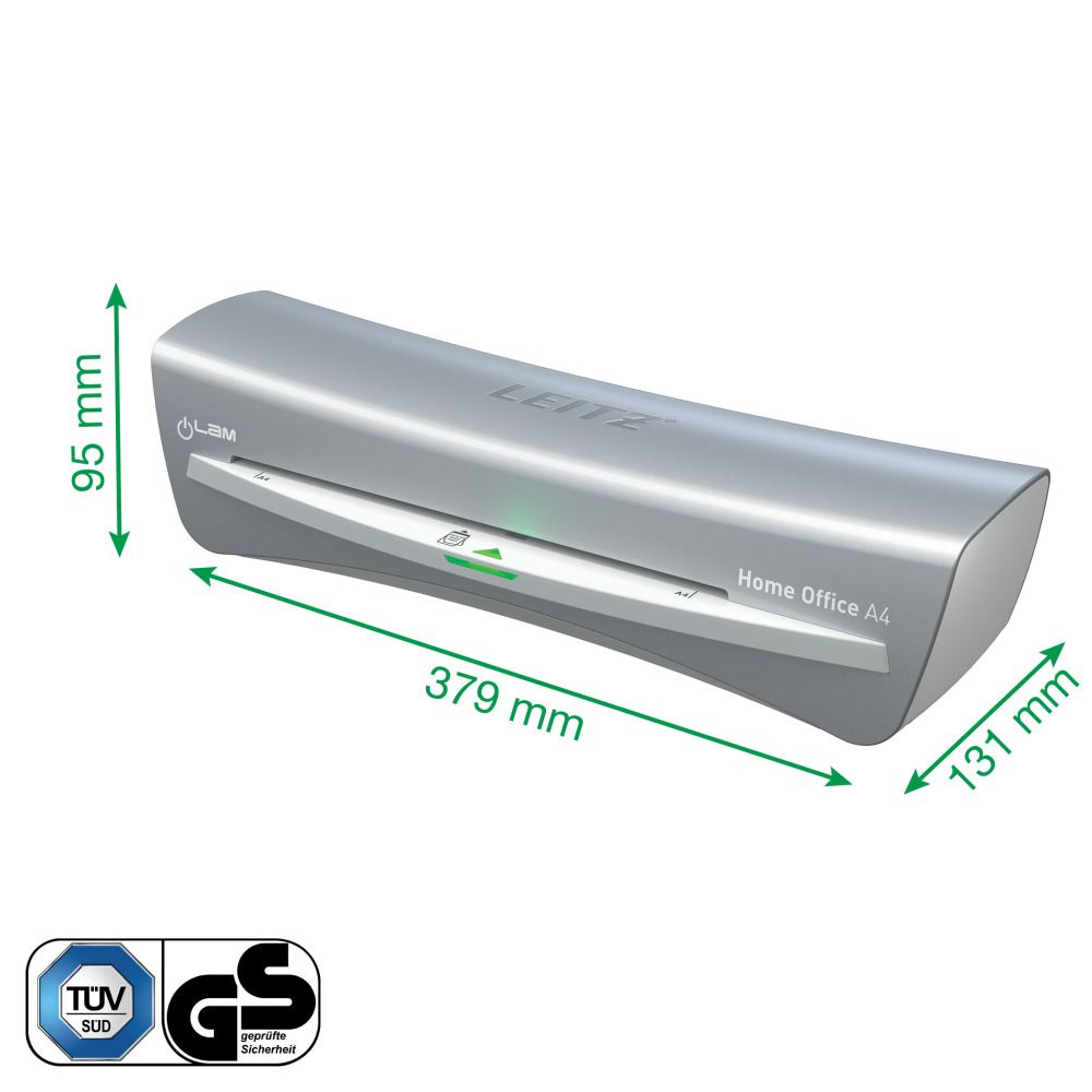 Ezüst Leitz Home Office A4 laminálógép méretekkel: 379 mm hosszú, 95 mm magas és 131 mm széles. Zöld mérési nyilak.