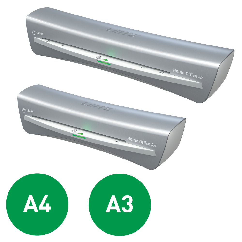 Két ezüstszínű Leitz laminálógép, A3 és A4, zöld körökkel, A3 és A4 felirattal.