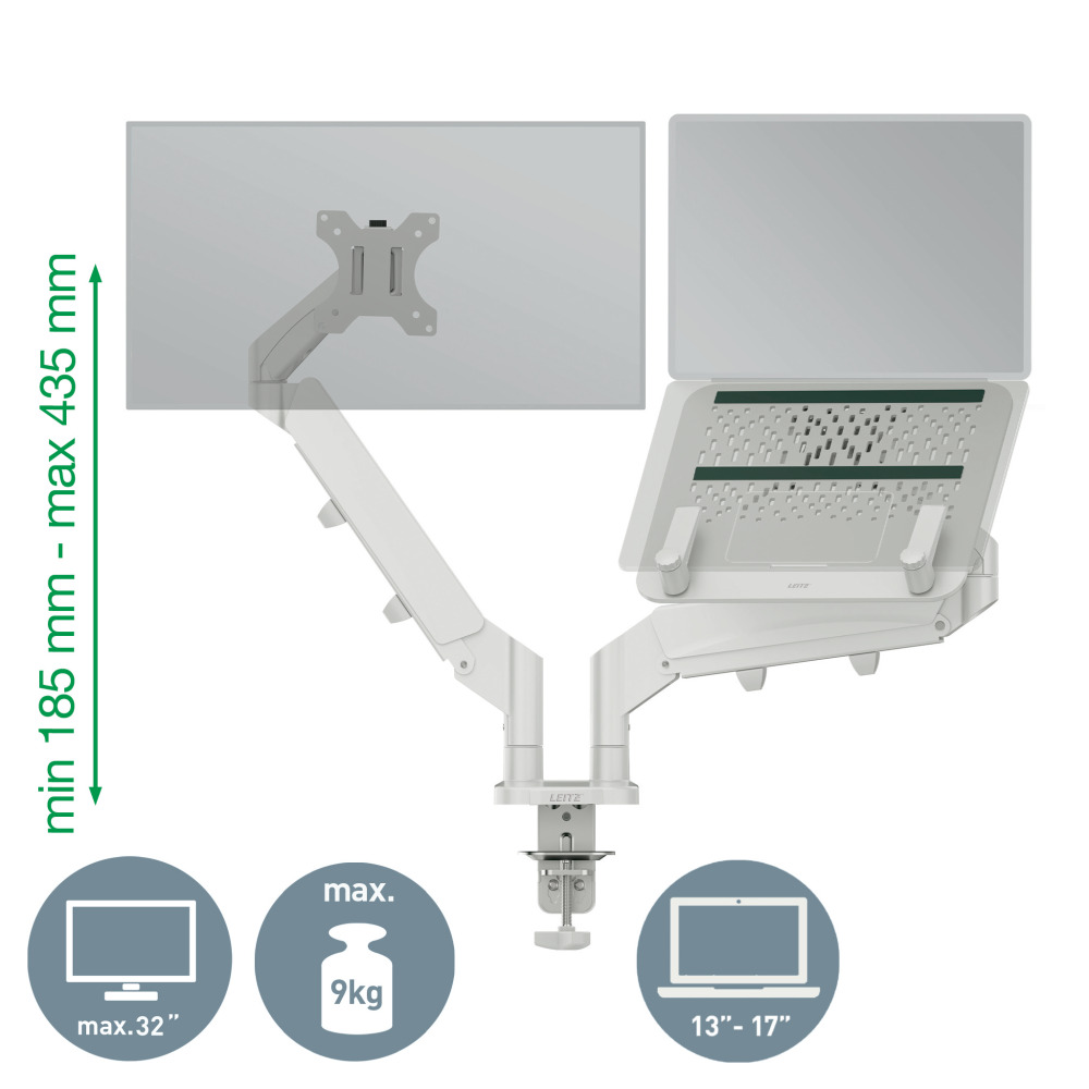 Fehér monitor- és laptopkar. 32"-es monitorig és 13-17"-es laptopig támogat. Max. súly 9kg. Állítható magasság min 185mm - max 435mm.