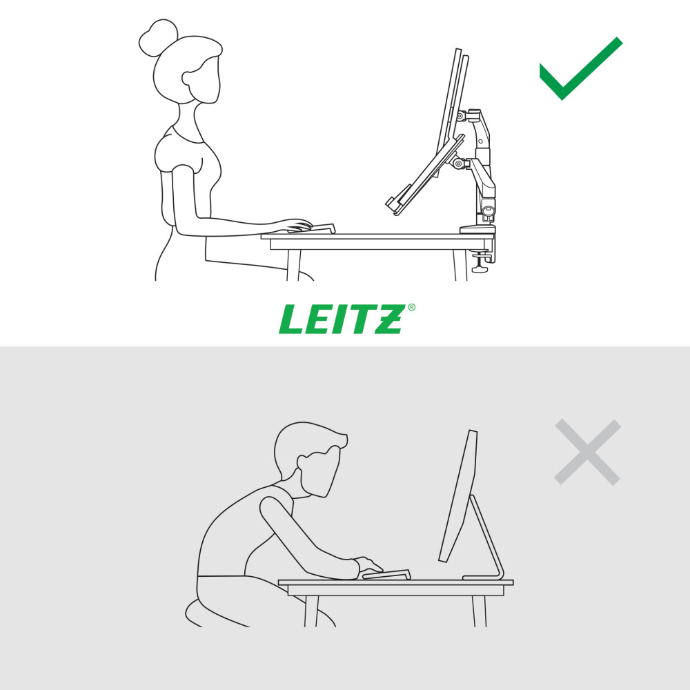 Helyes testtartás: nő monitor állvánnyal. Helytelen testtartás: férfi görnyedve az asztalnál monitorral.