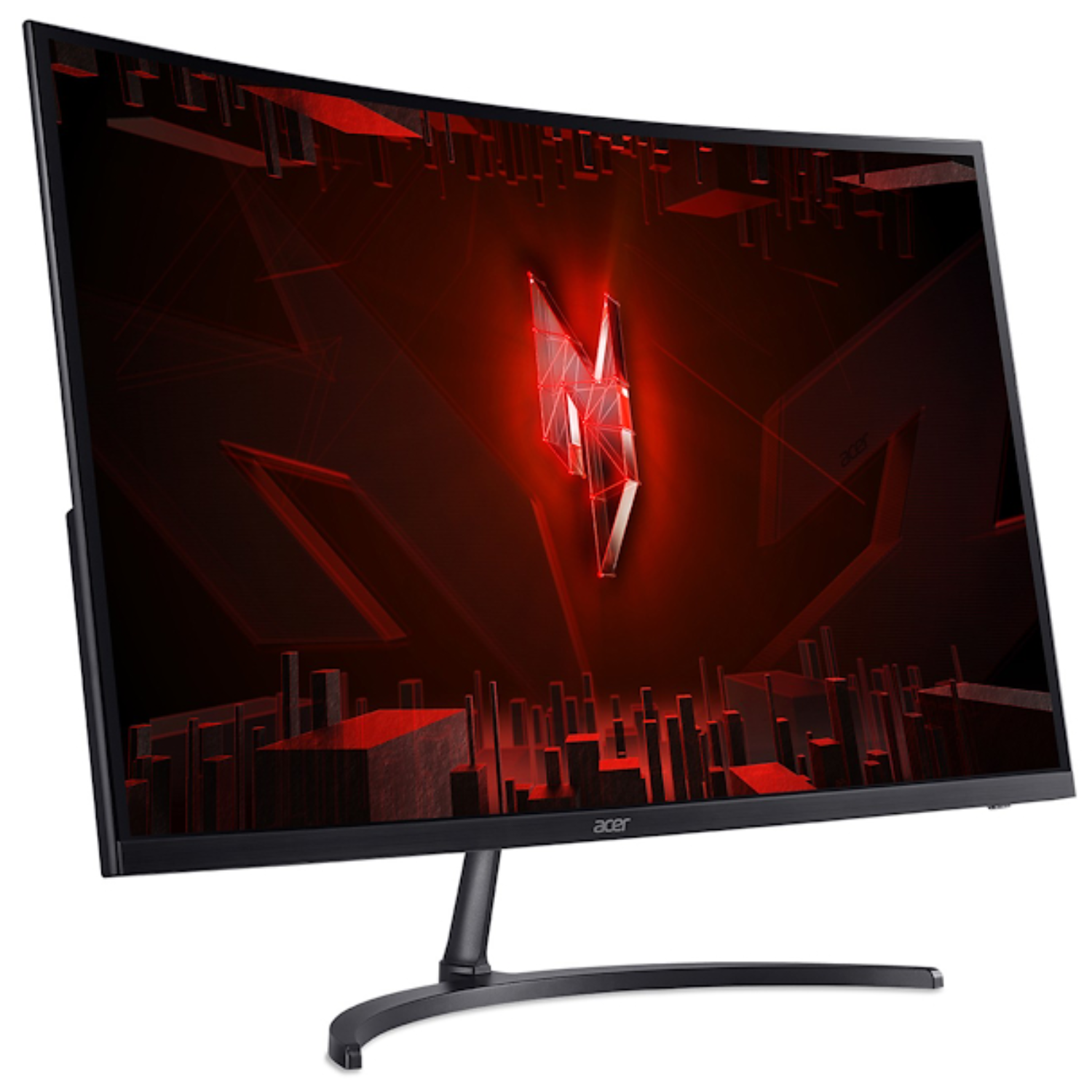 Monitor Acer curvo. Pantalla roja y negra con formas geométricas. Logotipo de Acer abajo. Soporte negro sobre fondo blanco.