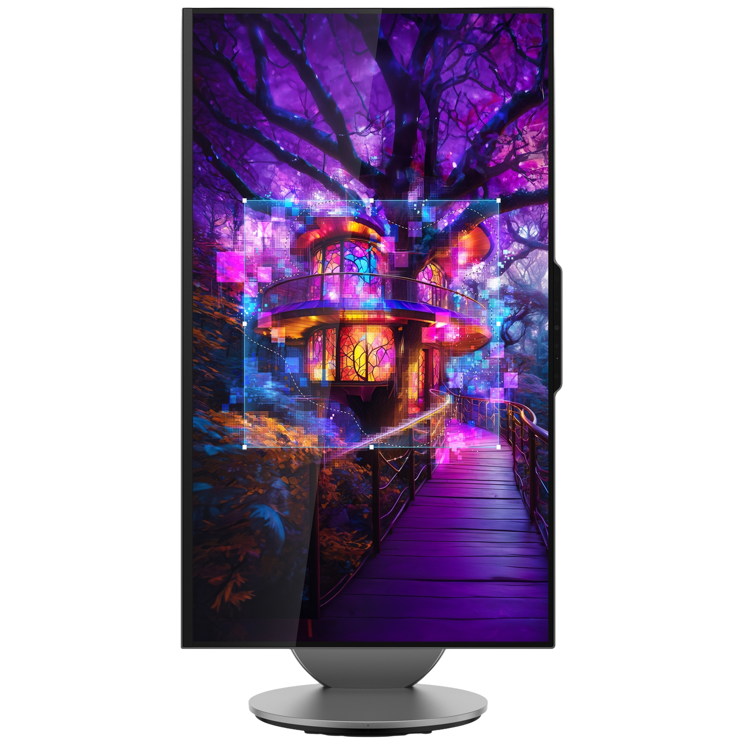 Monitor displays a fantasy scene: a colorful treehouse with a bridge, set in a purple forest with a bridge leading to it.