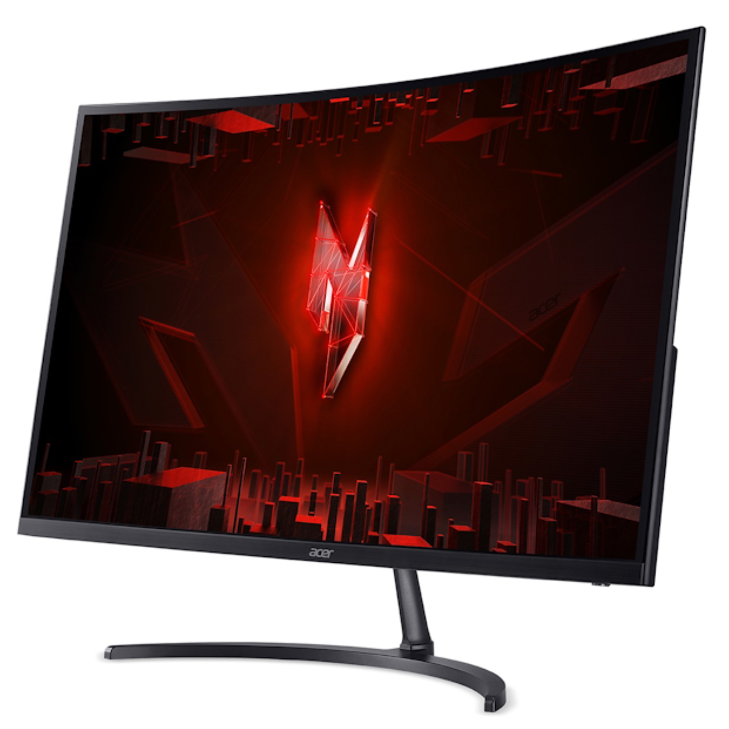 El monitor curvo Acer muestra un gráfico rojo. Marco negro, soporte. Logotipo de Acer visible. Formas abstractas rojas en la pantalla.