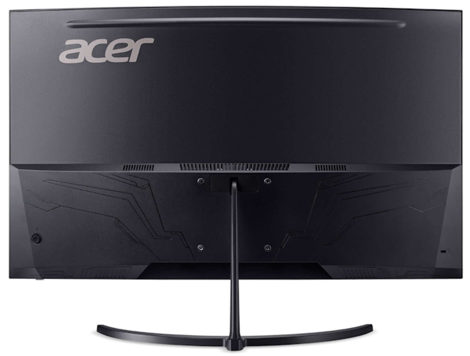 Parte trasera de un monitor Acer negro, con soporte y logo. Se ven rejillas de ventilación y elementos de diseño.