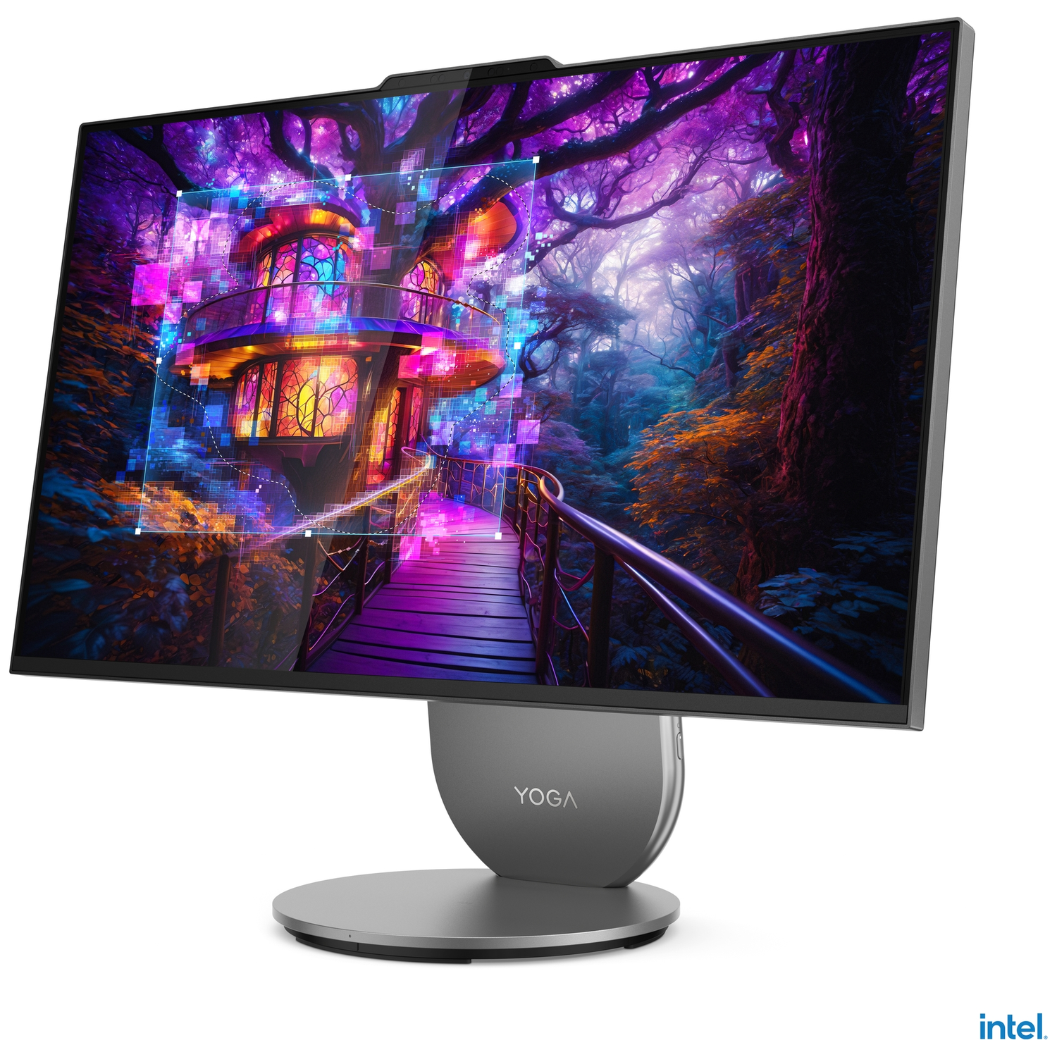 A computer monitor displays a fantasy scene of a treehouse in a purple forest. The monitor has a gray base with the word YOGA.