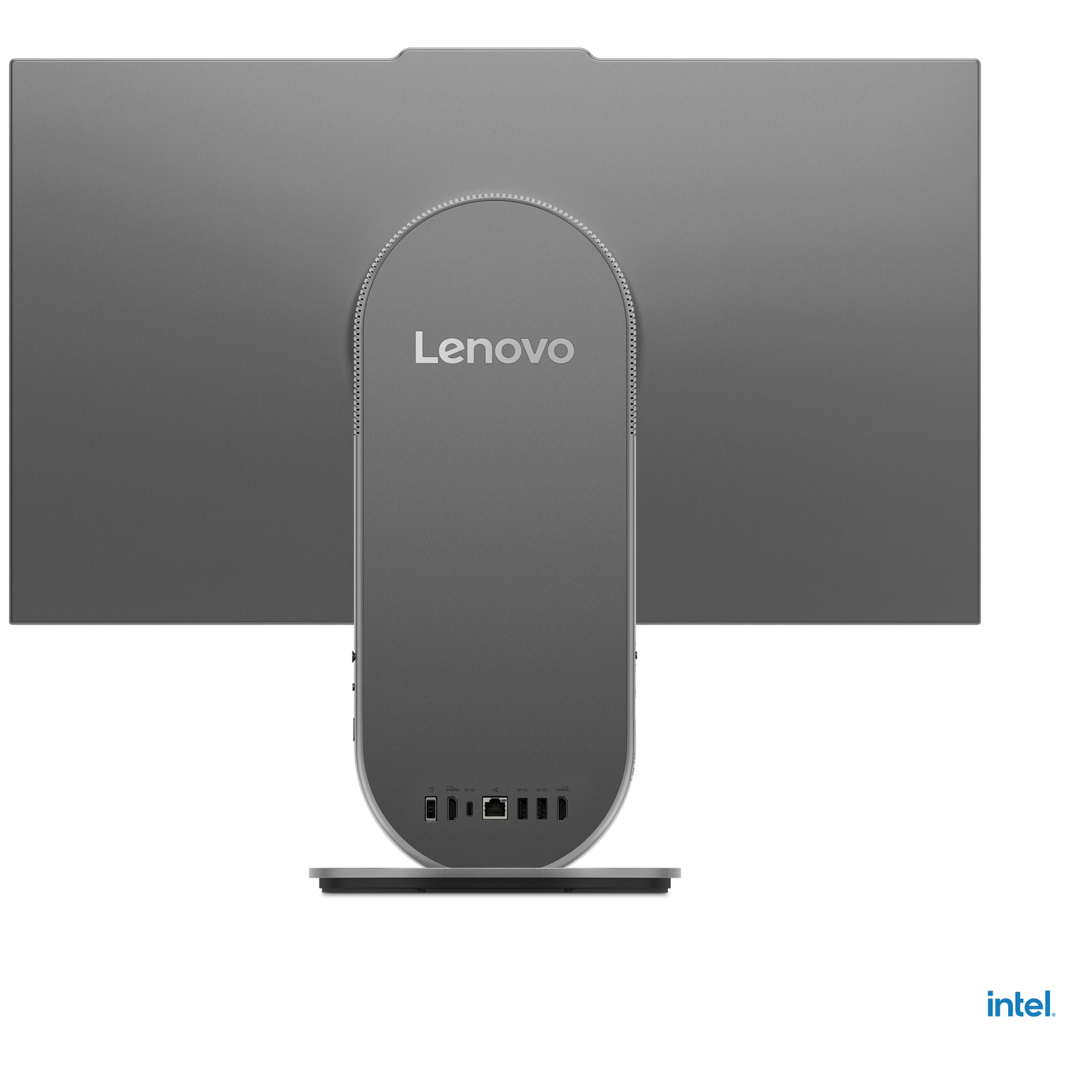 The back of a Lenovo all-in-one computer. It is gray, with the Lenovo logo. Ports are at the bottom.