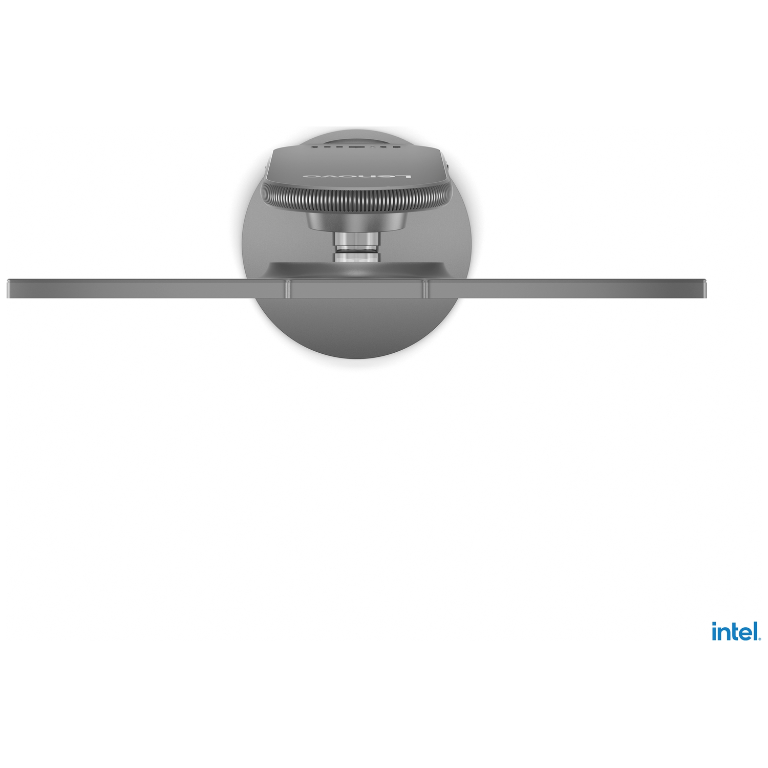Overhead view of a gray monitor with a rounded base. The screen is a long, thin rectangle. Intel logo is in the bottom right.