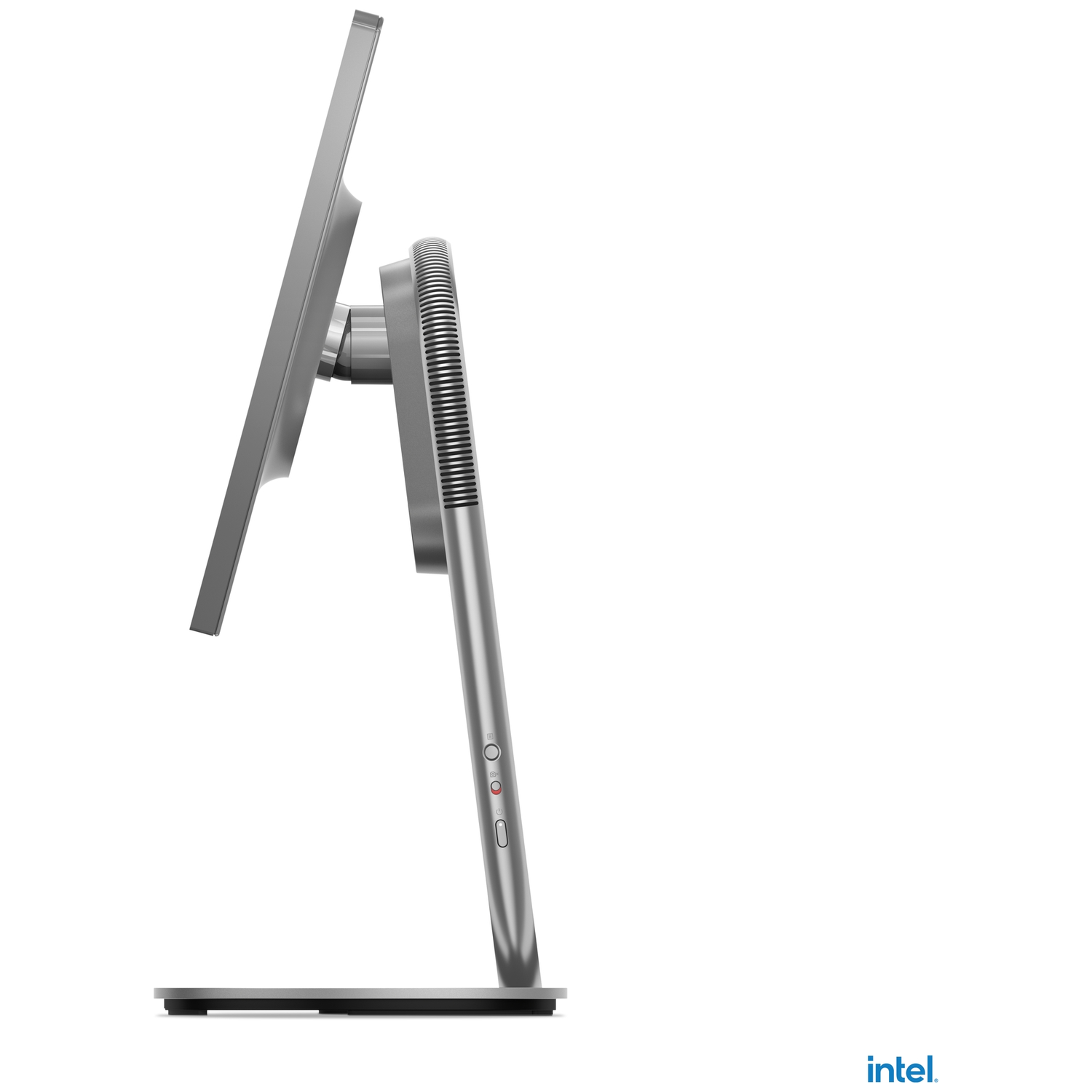 Side view of a silver computer monitor. It has a thin screen, a stand, and some buttons on the side. The background is white.
