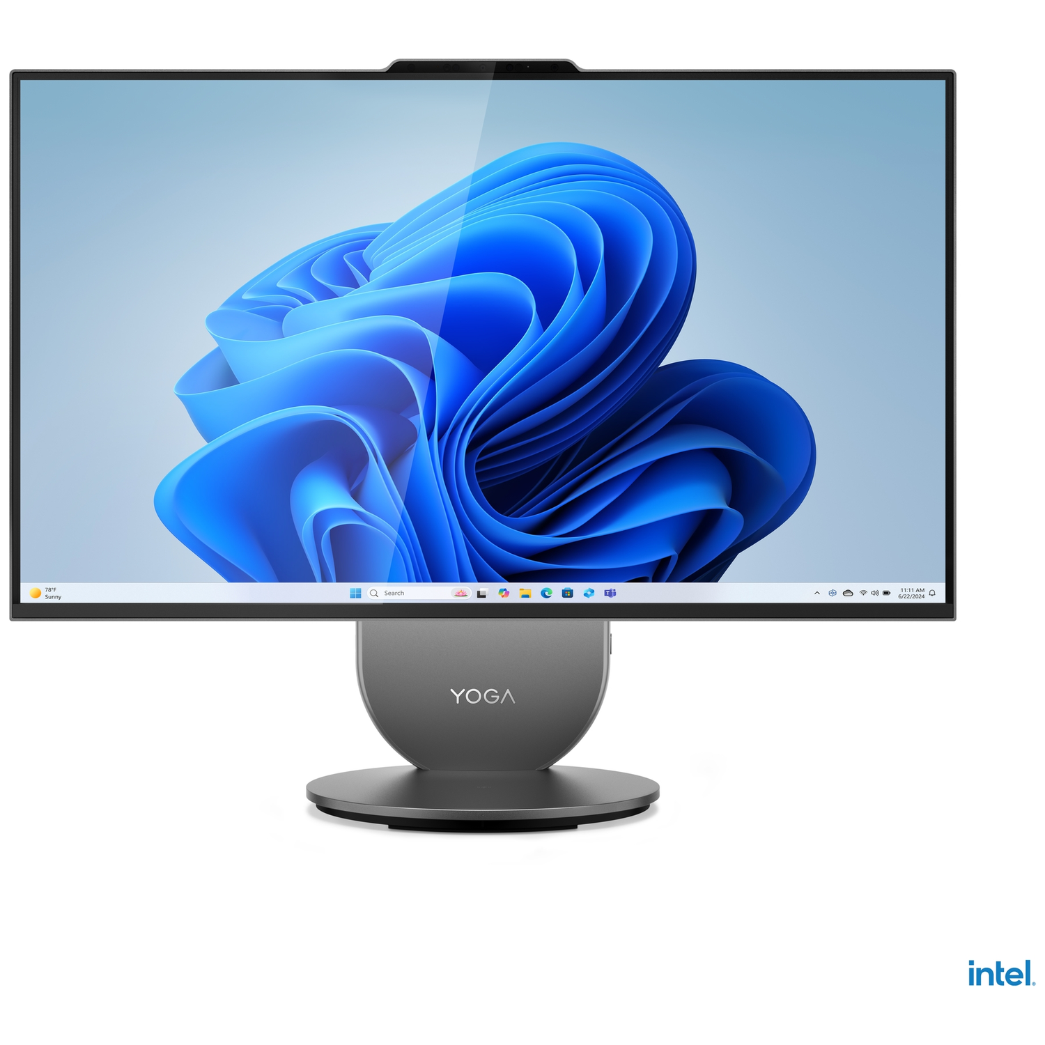 A Lenovo Yoga all-in-one computer. The screen displays a blue abstract image. The base is gray with the word YOGA on it.