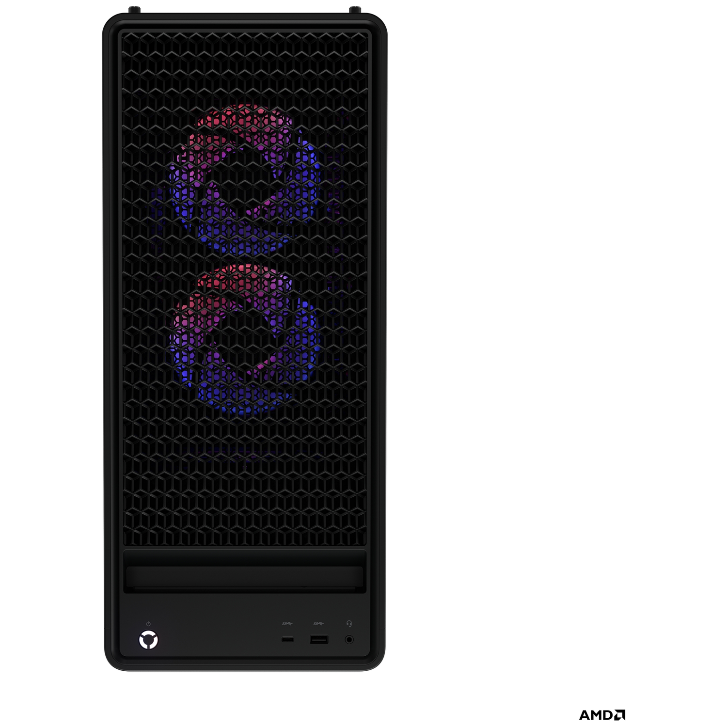 Black computer case front with mesh and RGB lighting. Has power and USB ports and the AMD logo.