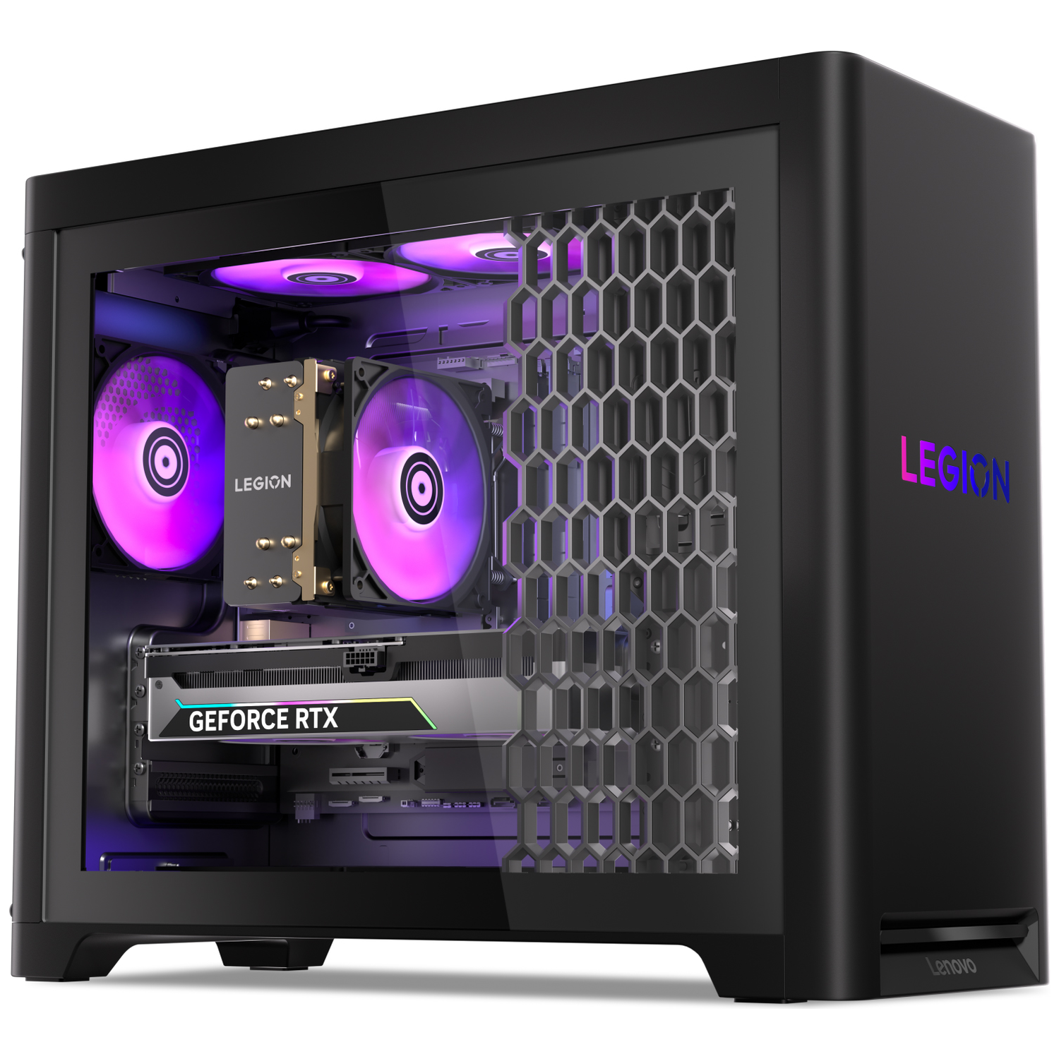 Black Lenovo Legion desktop PC with internal components visible. It has a glass side panel, with fans glowing purple, and a GeForce RTX card.