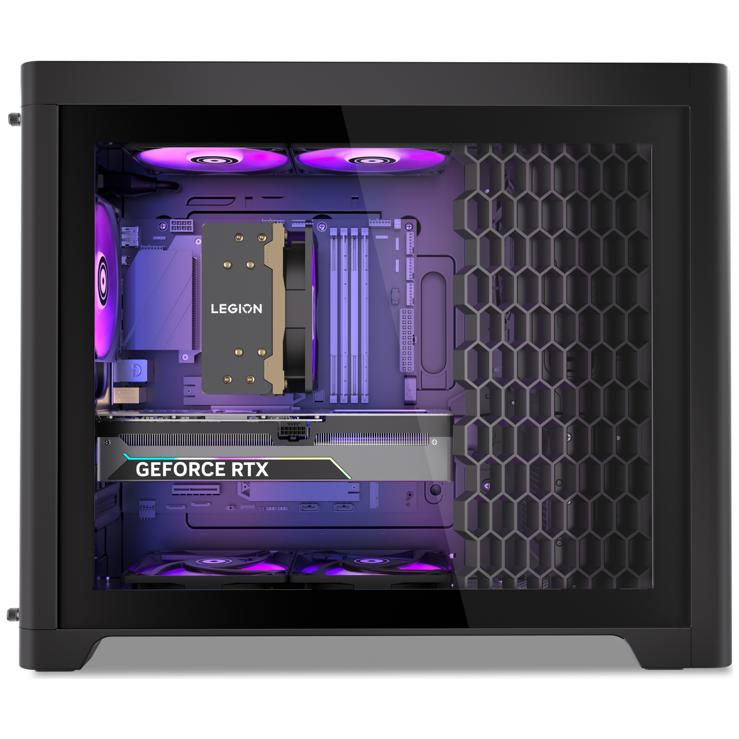 A black computer case shows internal components: a graphics card, CPU cooler, fans with purple lighting, and a honeycomb side panel.