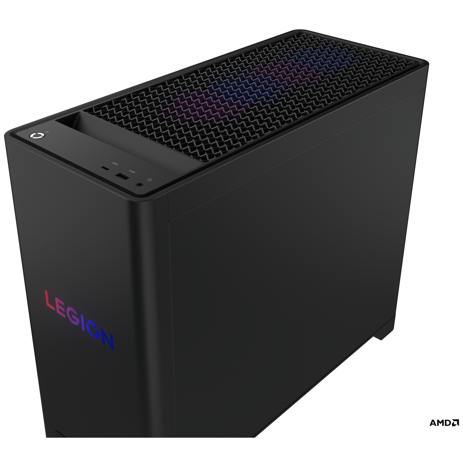Black Legion PC. Top has a grill. Front has Legion logo and ports. AMD logo at the bottom right. 