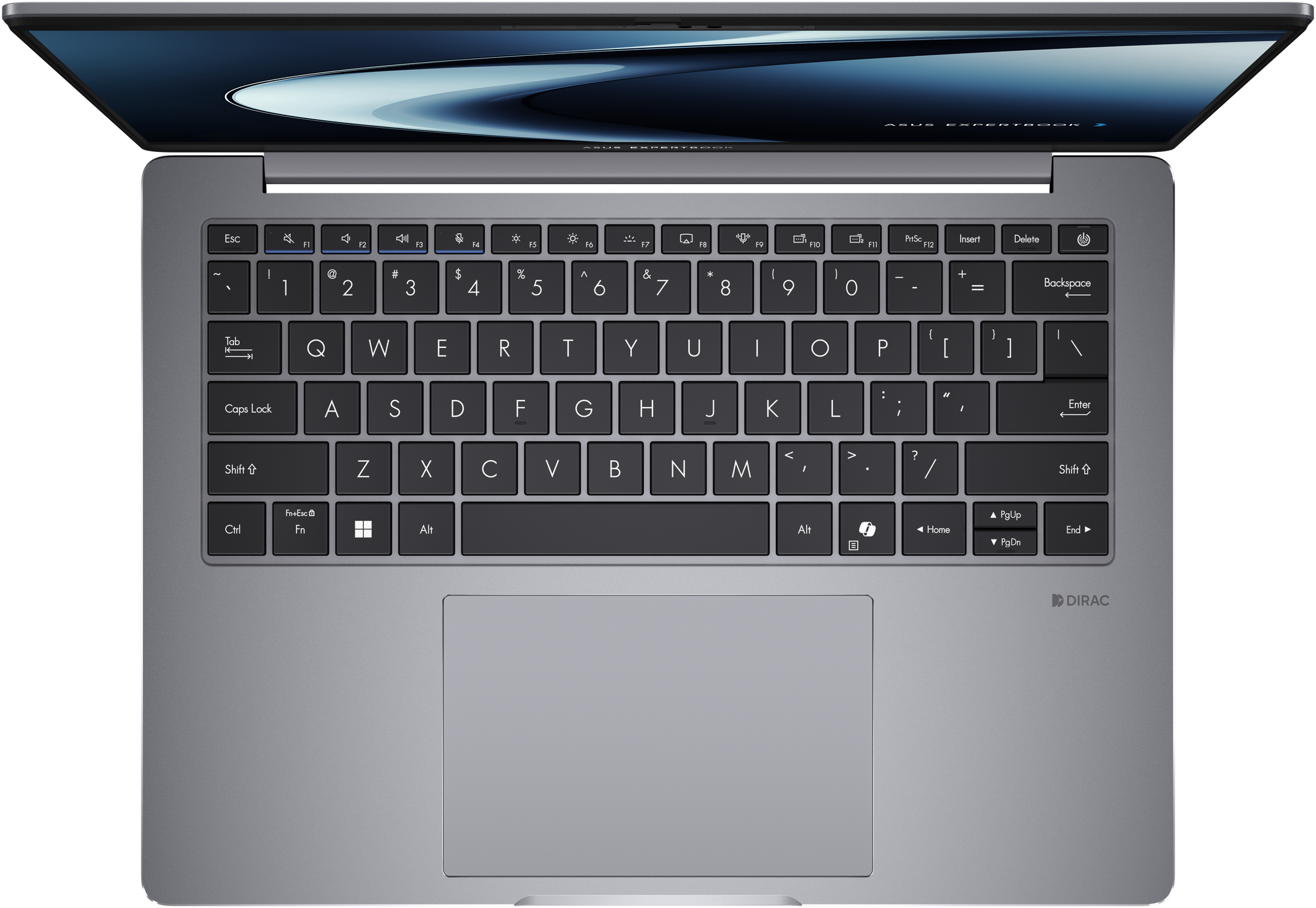 Draufsicht auf einen Laptop mit geöffnetem Bildschirm. Die Tastatur hat schwarze Tasten auf silbernem Rahmen und ein Touchpad.